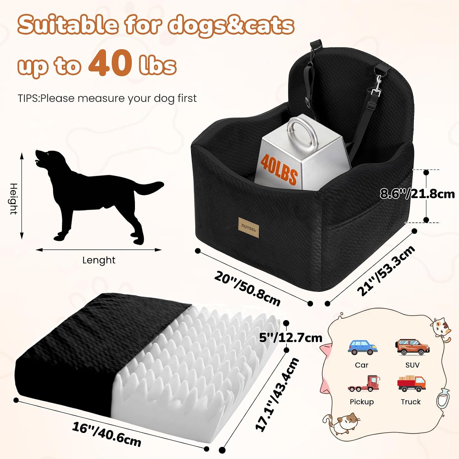 Detalle 2 de Autsel Dog Car Seat for Medium & Small Dogs – Waterproof Booster Seat with Safety Belt and Storage Pockets