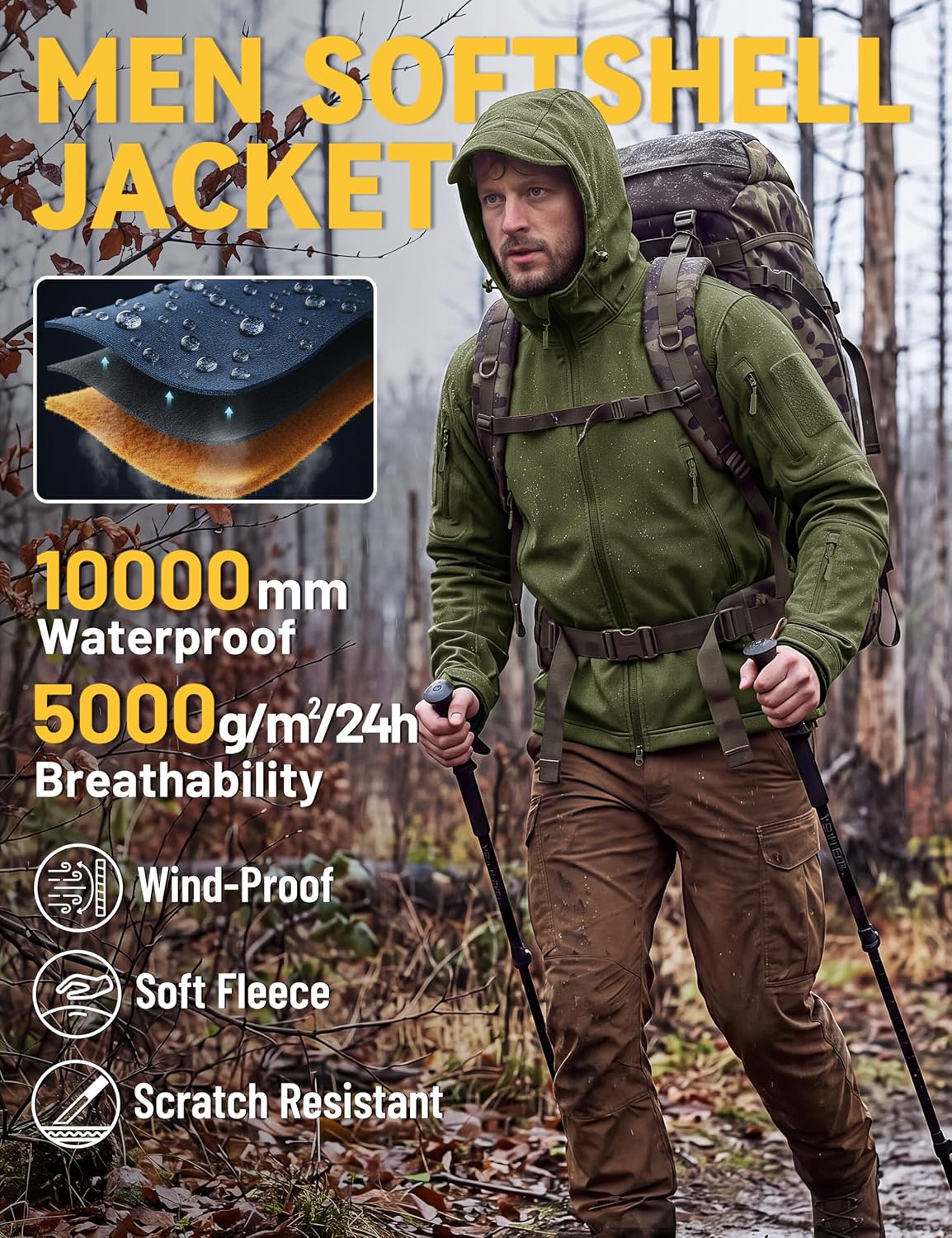 Detalle de TACVASEN XLTJ-73 Men's Tactical Soft Shell Jacket, Hooded, Waterproof and Fleece-Lined