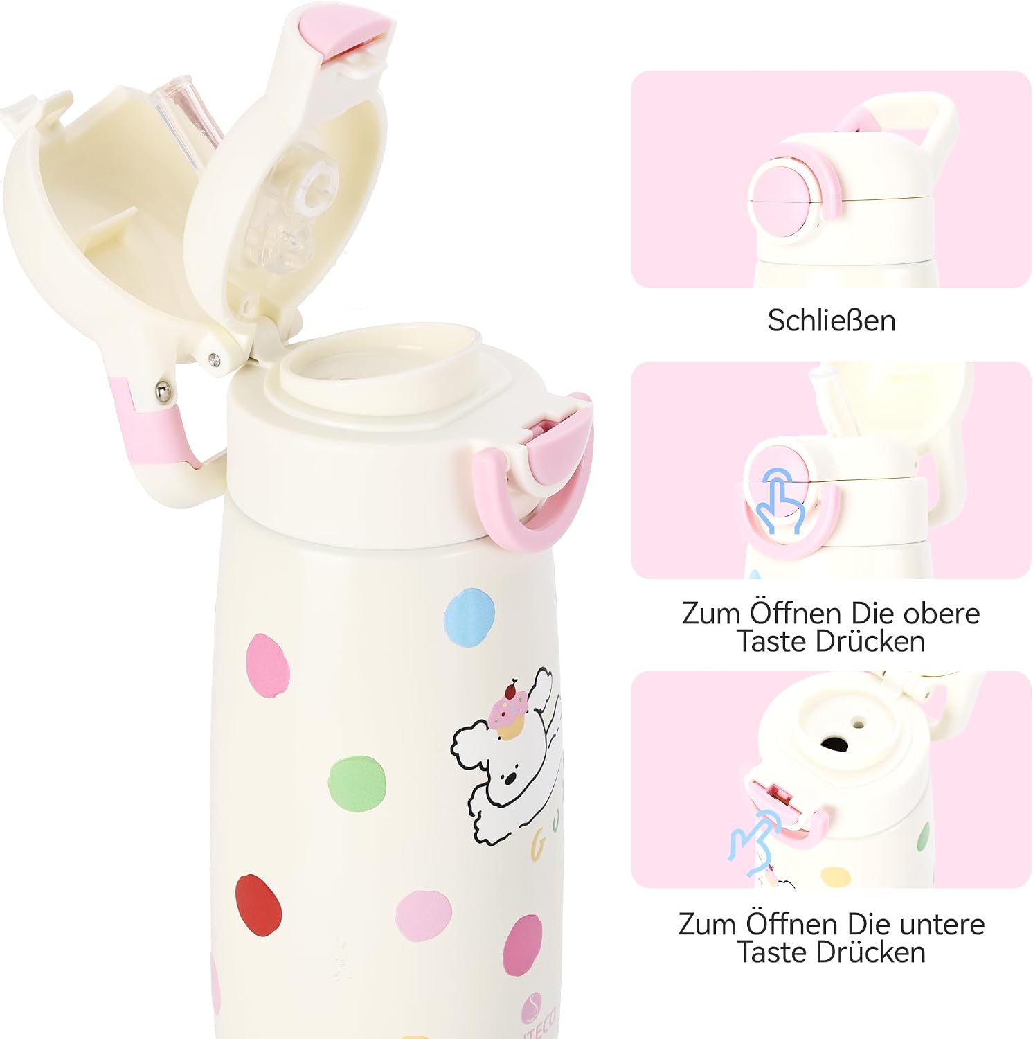Detalle de SANTECO Kinder Thermosflasche mit Strohhalm 500 ml, auslaufsicher, Edelstahl, BPA-frei (rosa Motiv)
