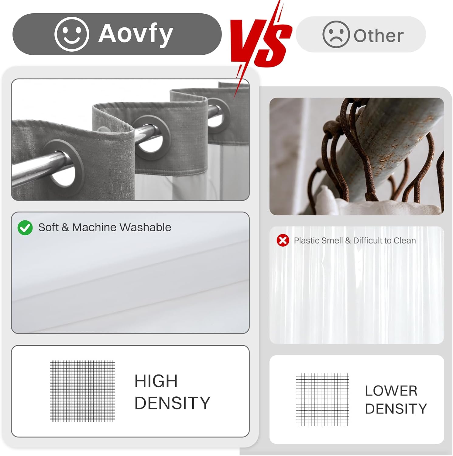 Detalle de Aovfy 71 x 74-Inch Slub Shower Curtain with Removable Liner, Grey