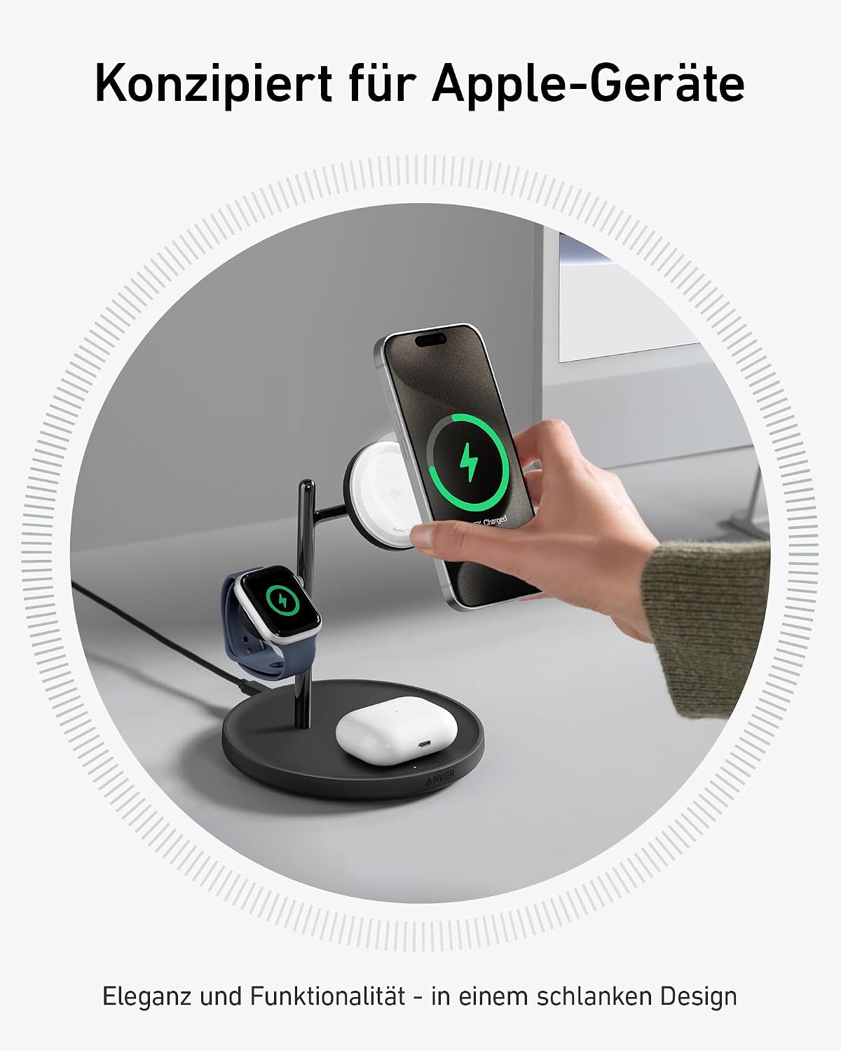 Detalle de Anker MagGo 3-in-1 Kabellose Ladestation – 15W Schnelles Laden für iPhone, AirPods und Apple Watch