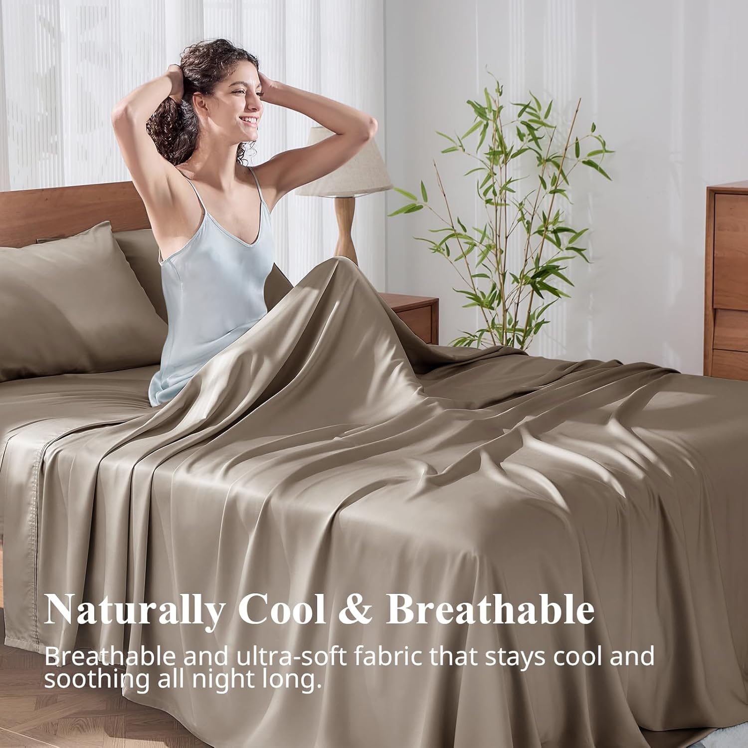 Thumbnail 2 de KRIMANO King Size Bamboo Viscose Sheet Set (4 pcs) – 100% Bamboo-Derived, Deep Pocket up to 17", Taupe