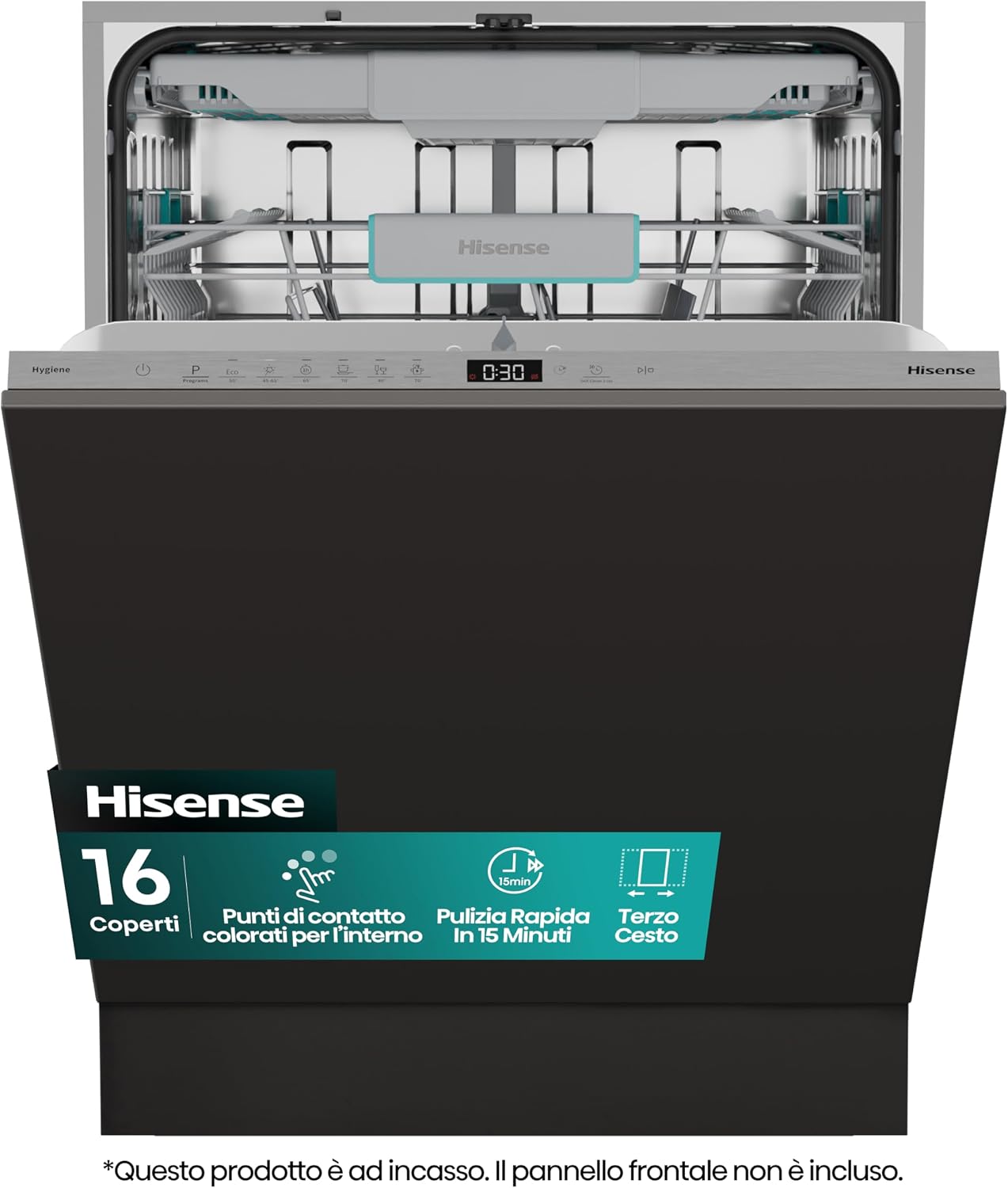 Detalle de Hisense HV16A Lavastoviglie da Incasso, 16 Coperti, Terzo Cesto Flessibile, 8 Programmi, Inverter Silenzioso