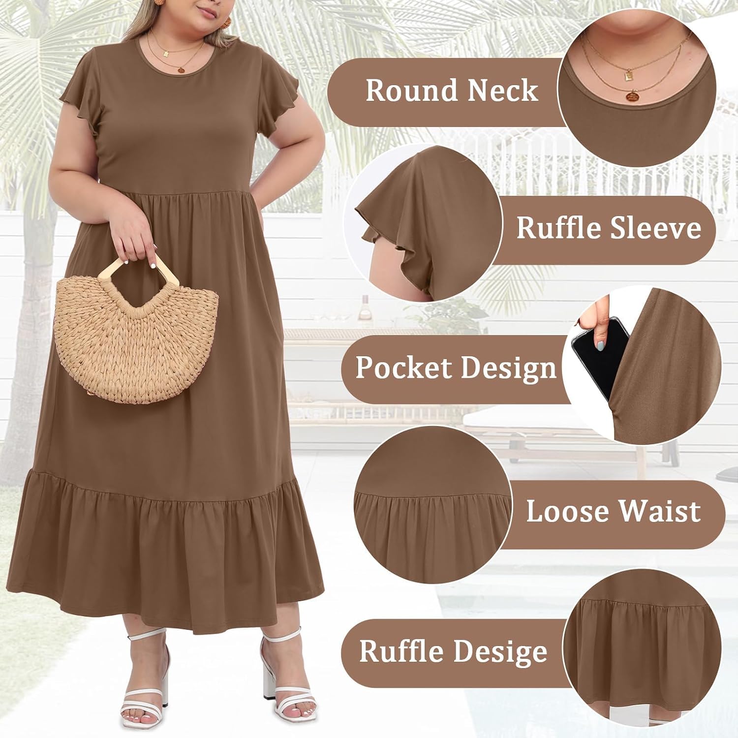 Detalle 2 de Moon Wood Damen Sommerkleid Kurze Ärmel Rundhals – Locker, Elegant und Grössenauswahl
