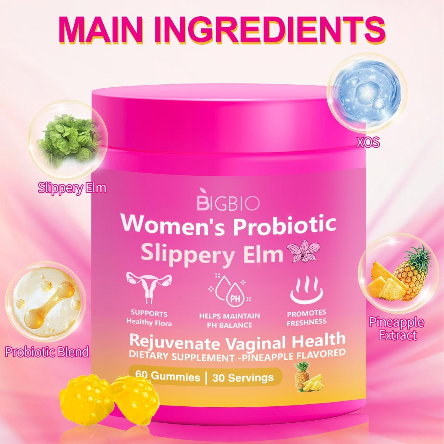 Detalle 2 de BIGBIO Feminine Probiotics Gummies, Sugar-Free Pineapple, 60 Count