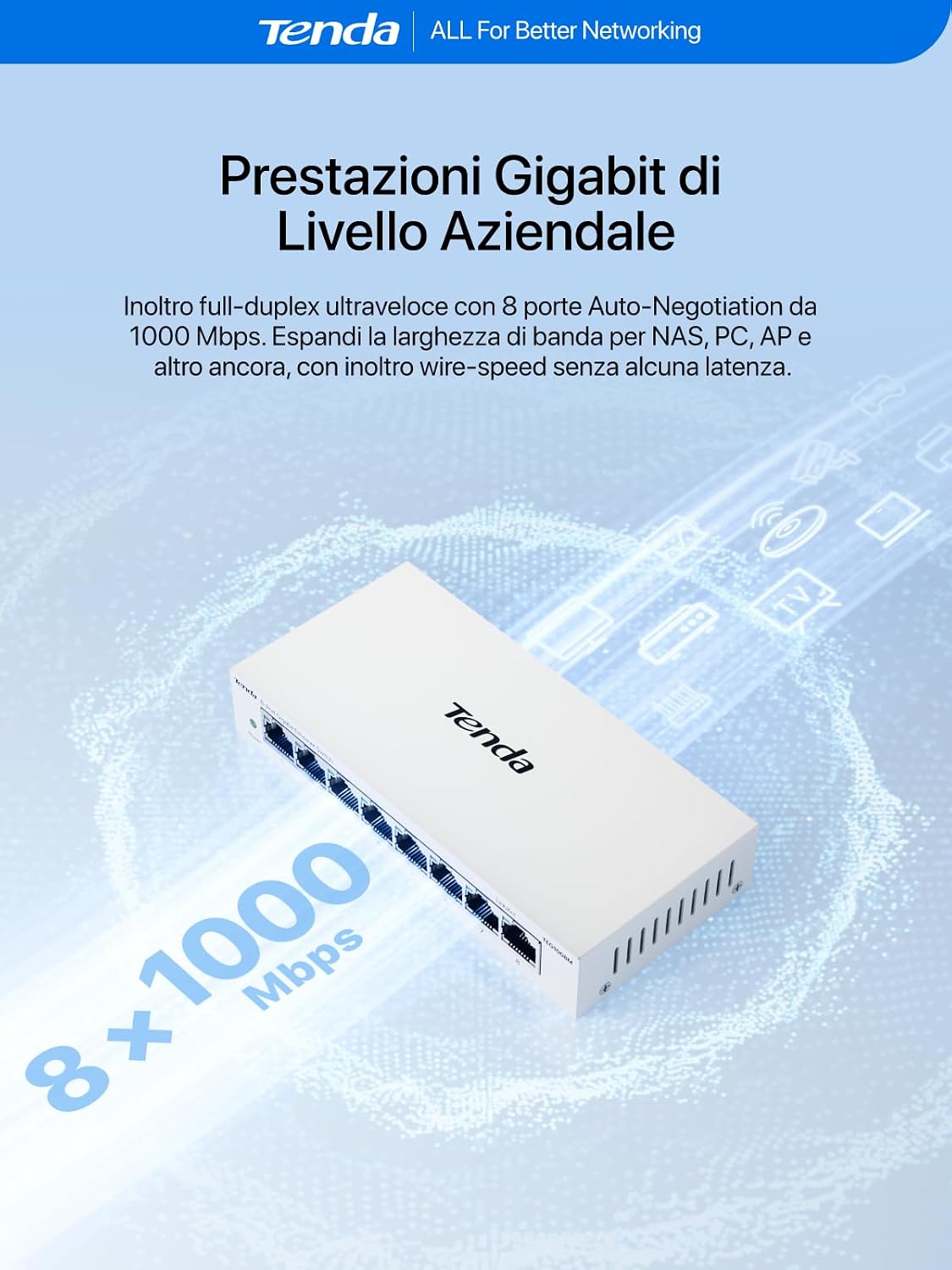Detalle de Tenda Switch Ethernet 8 Porte Gigabit Unmanaged TEG1008M