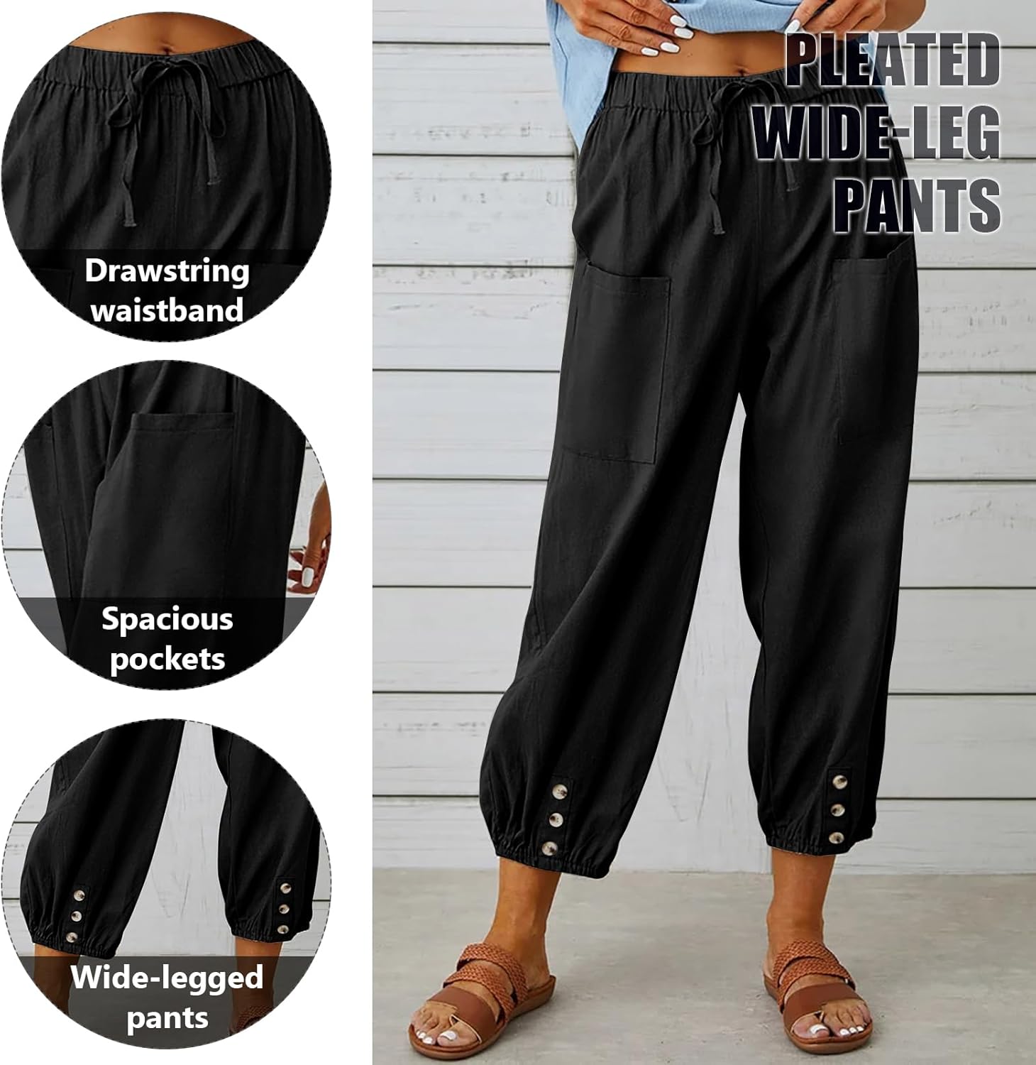 Thumbnail 5 de CrystErzoix Pantaloni Donna Estivi Leggeri in Cotone - 7/8 a Gamba Larga con Elastico in Vita