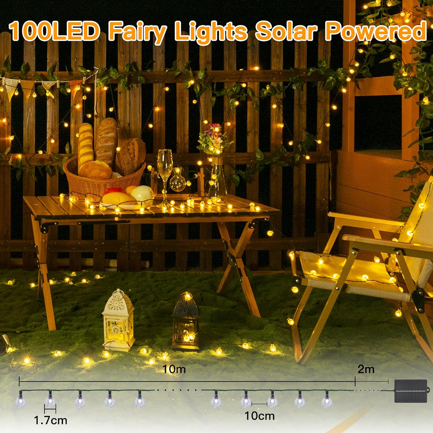 Thumbnail 1 de Ollny Solar Lights Outdoor Garden 12m 100 LED Crystal Ball Fairy Lights (Warm White) – IP65/IP44, 8 Modes