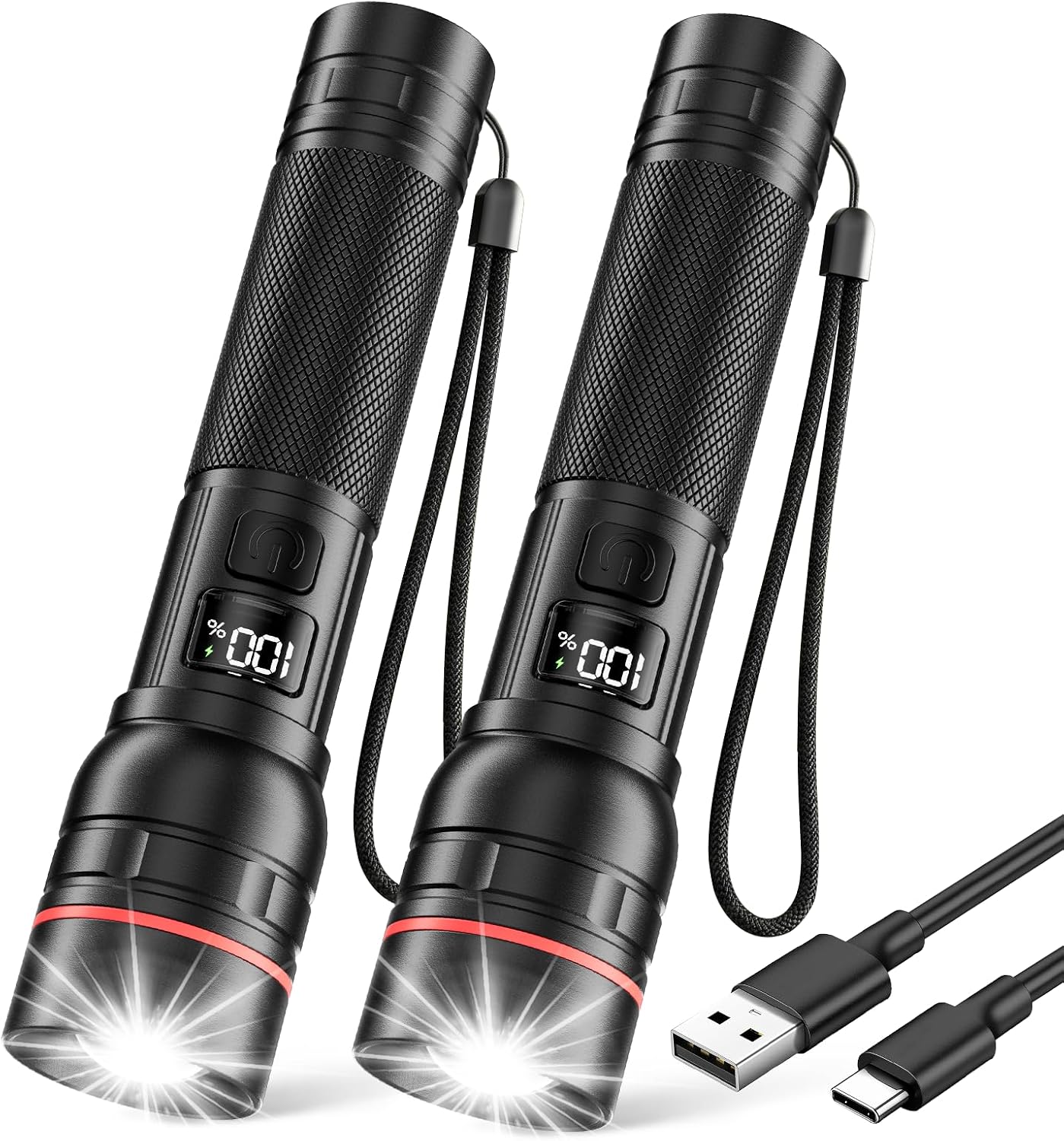 Detalle de RECHOO Rechargeable Flashlights 2 Pack: Super Bright LED Torches with LCD Display