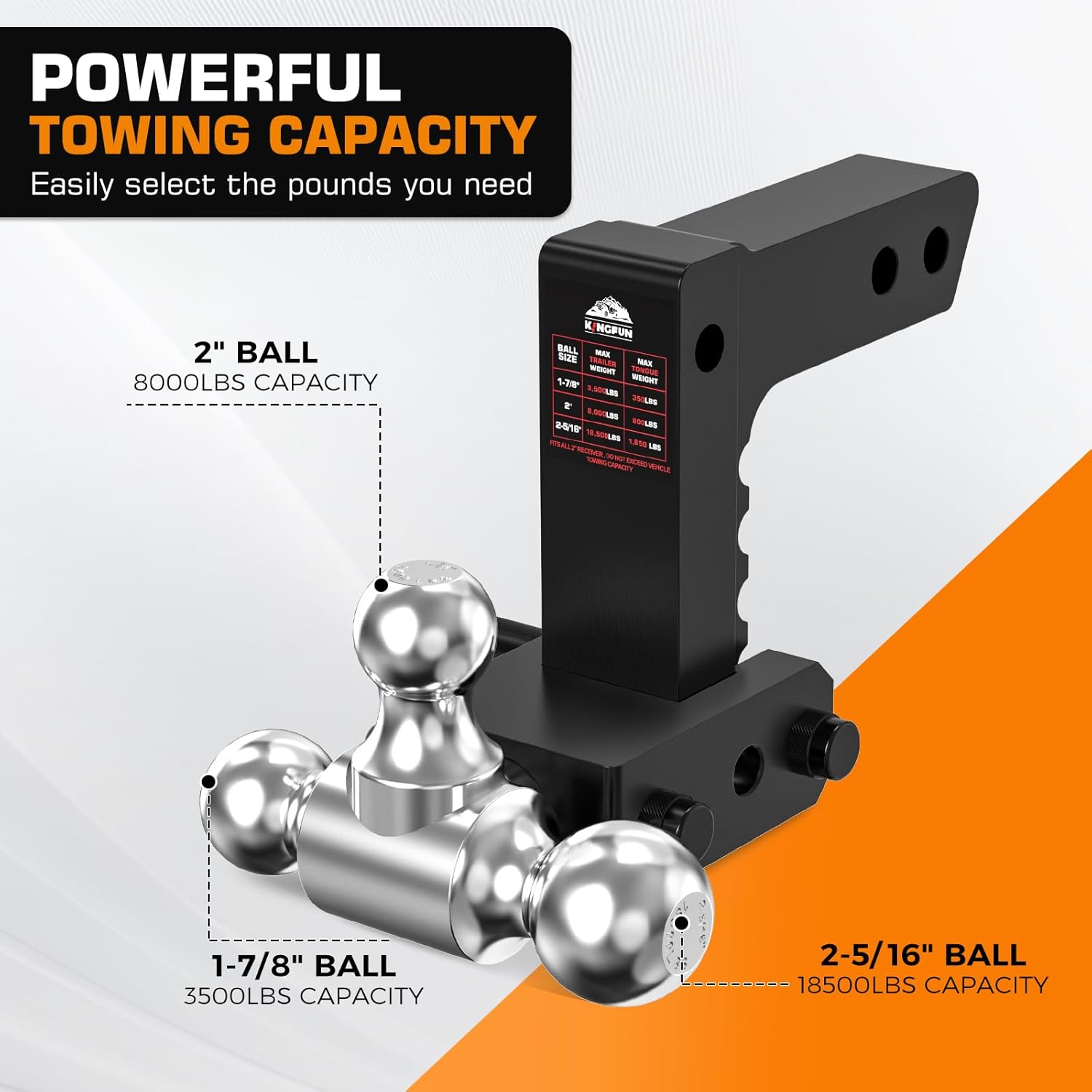 Thumbnail 2 de Kingfun Adjustable Trailer Hitch (2.5" Receiver) with 6" Drop/Rise and Tri-Ball Tow Hitch