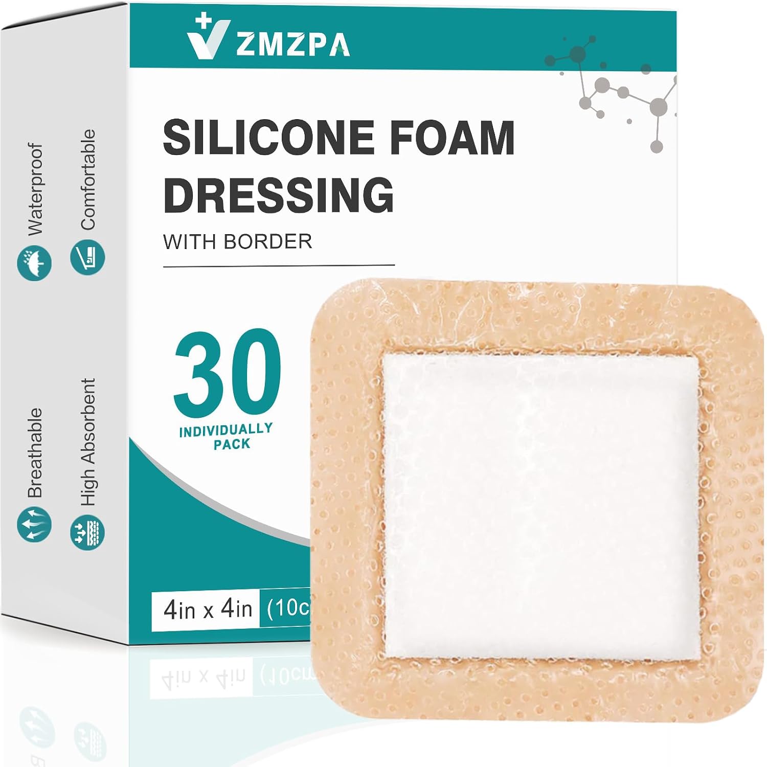 Detalle de ZMZPA 4x4-Inch Silicone Foam Dressings, 30-Pack, Waterproof Gentle Border