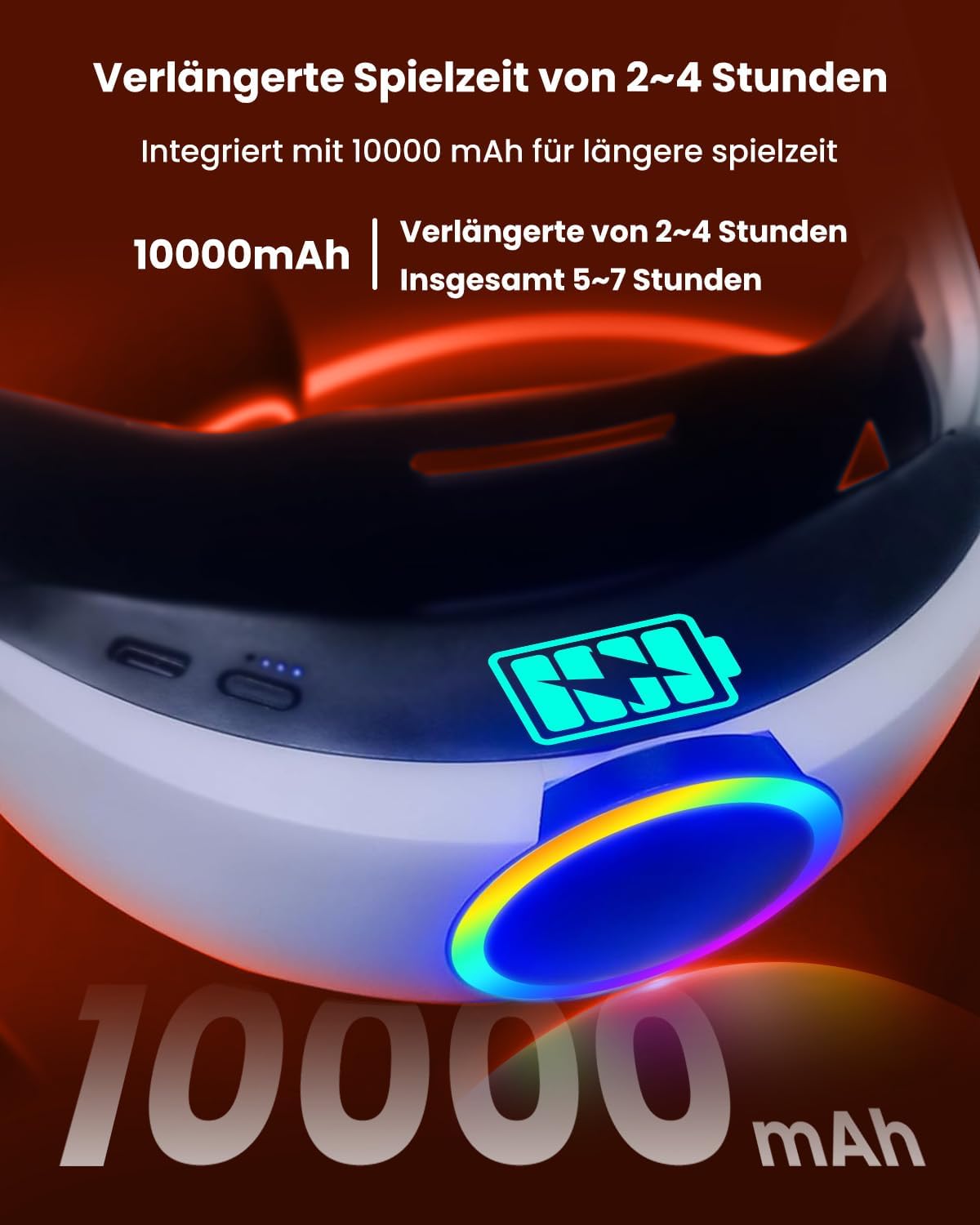 Detalle de GEEKERA RGB Headstrap für Meta Quest 3/3S – 10000mAh Akku, 4+ Stunden mehr Spielzeit