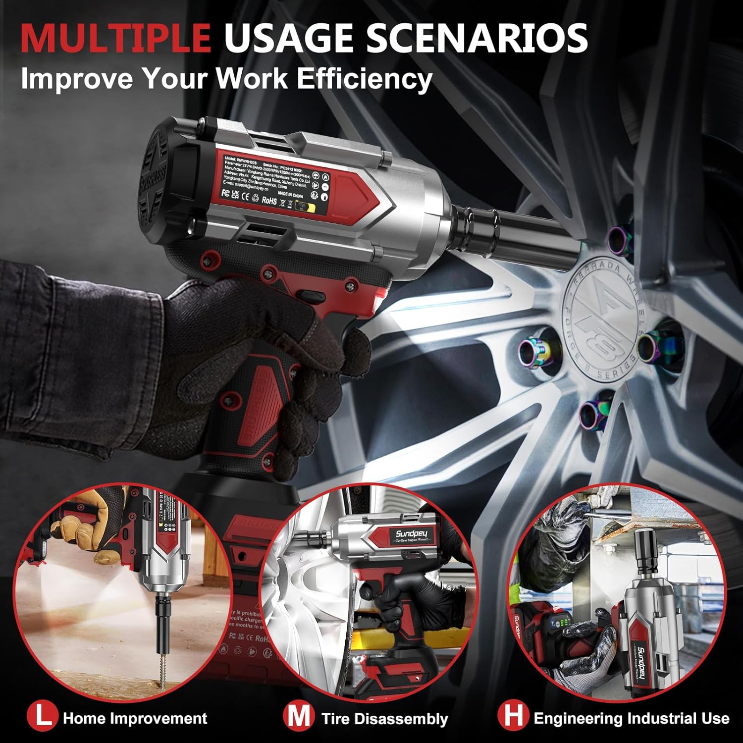 Thumbnail 4 de Sundpey Cordless Impact Wrench 1200N·m (900Ft-lbs) 1/2in with 2 x 4000mAh batteries