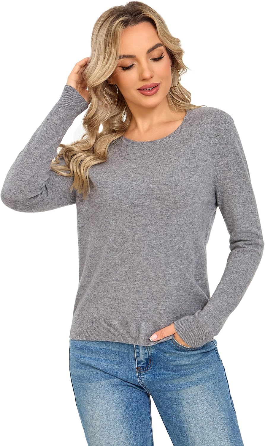 Detalle 2 de VETLURY Damen Rundhalspullover aus 100% Merino-Wolle – Weicher Strick, zeitloses Basic