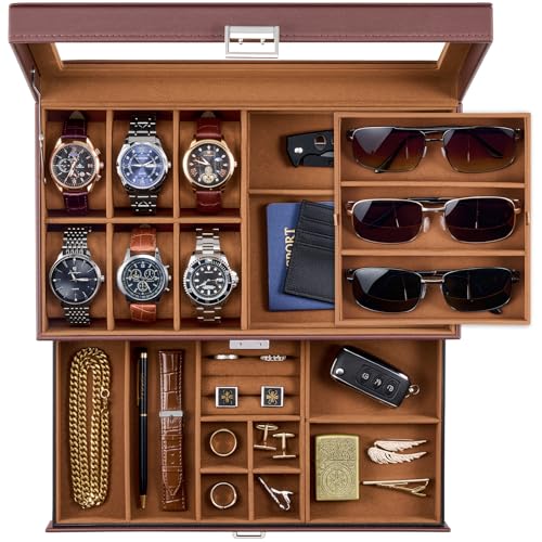 Detalle de ProCase Caja Joyero para Hombres: Organizador de Relojes y Accesorios con Cerradura y Tapa de Cristal