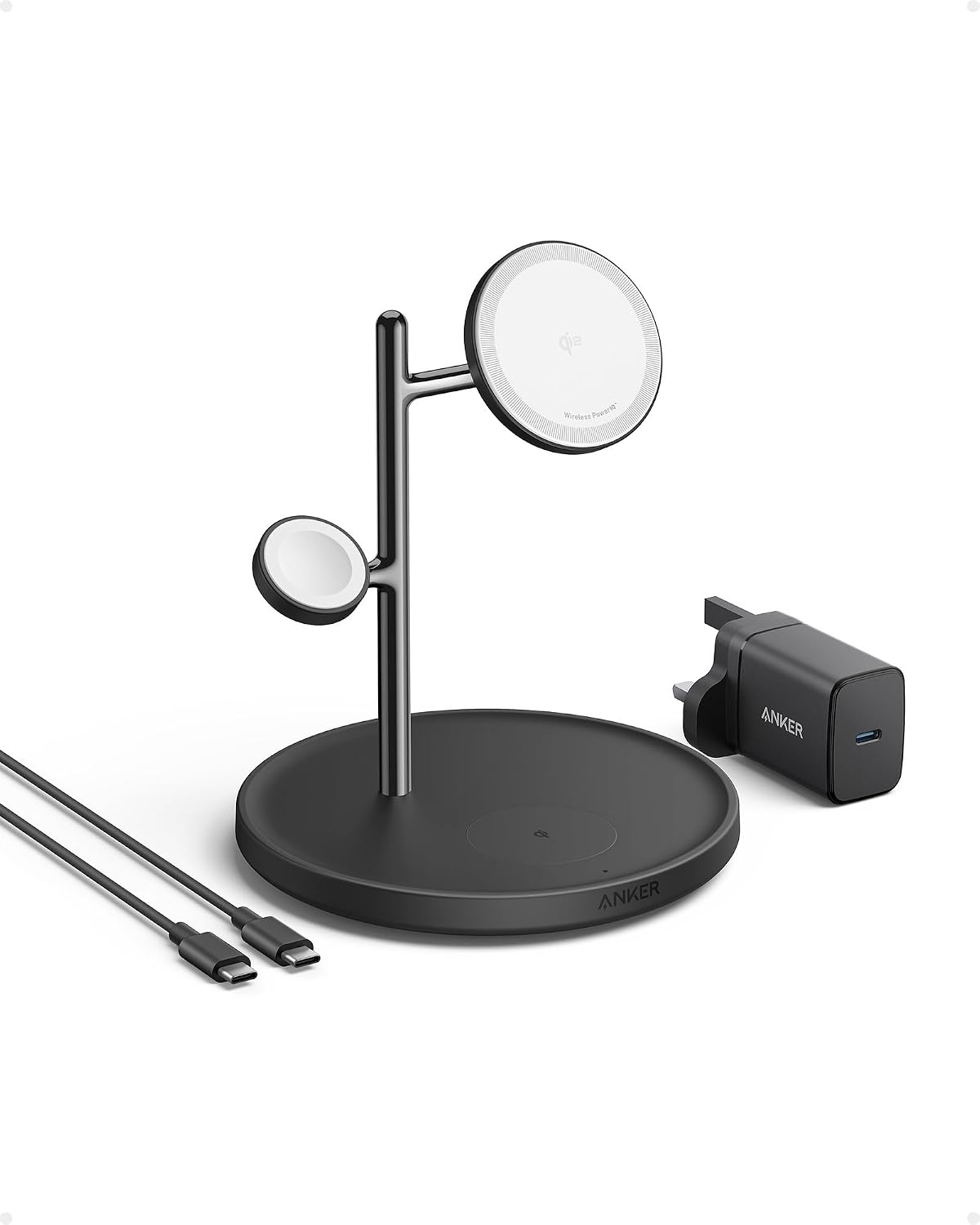 Detalle de Anker 3-in-1 Wireless Charging Station (MagSafe & Qi2) with 15W Stand for iPhone, AirPods & Apple Watch