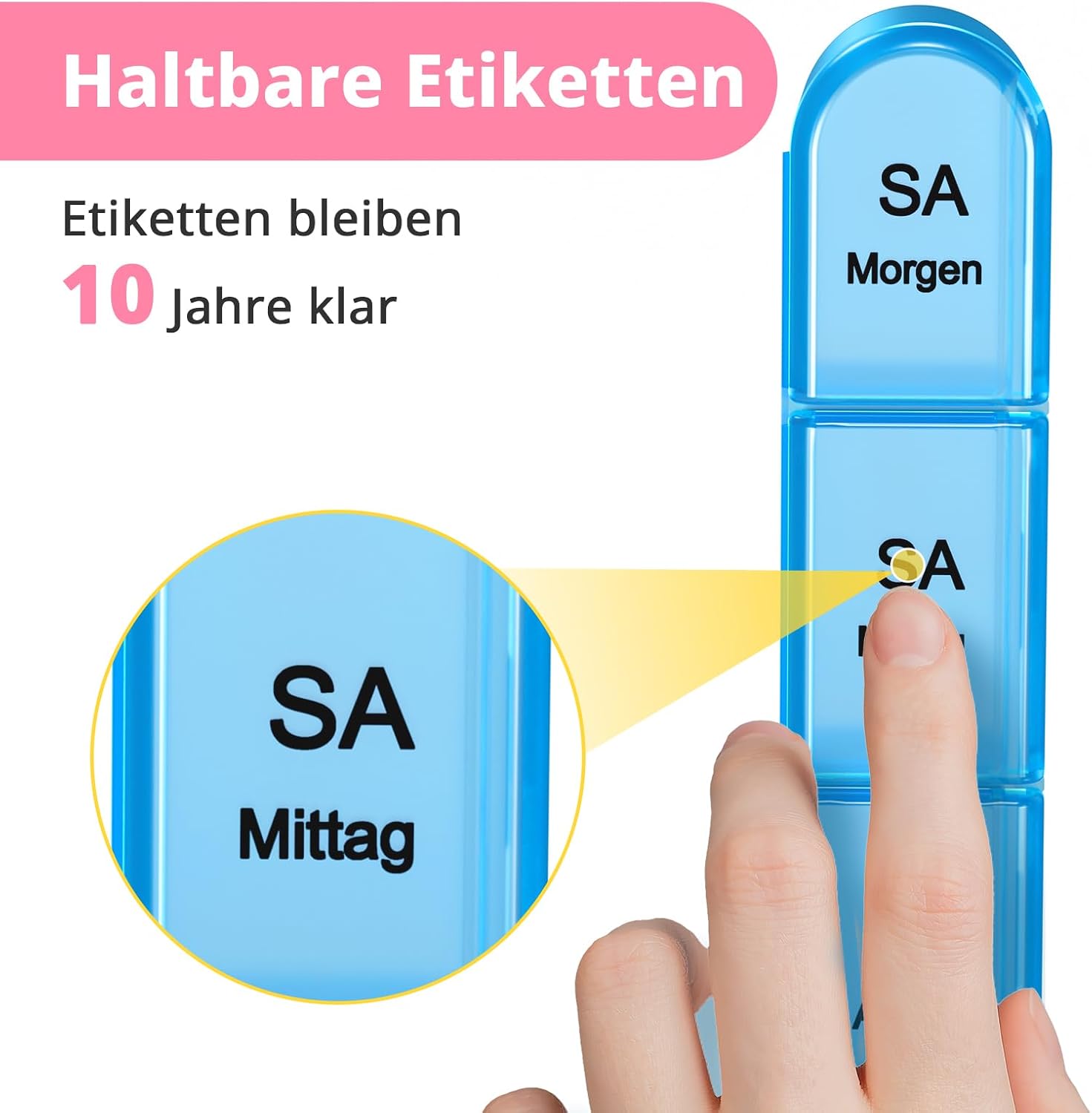 Detalle de Doruimi Tablettenbox für 7 Tage mit 3 Fächern (Morgens/Mittags/Abends) – rosa, kompakt