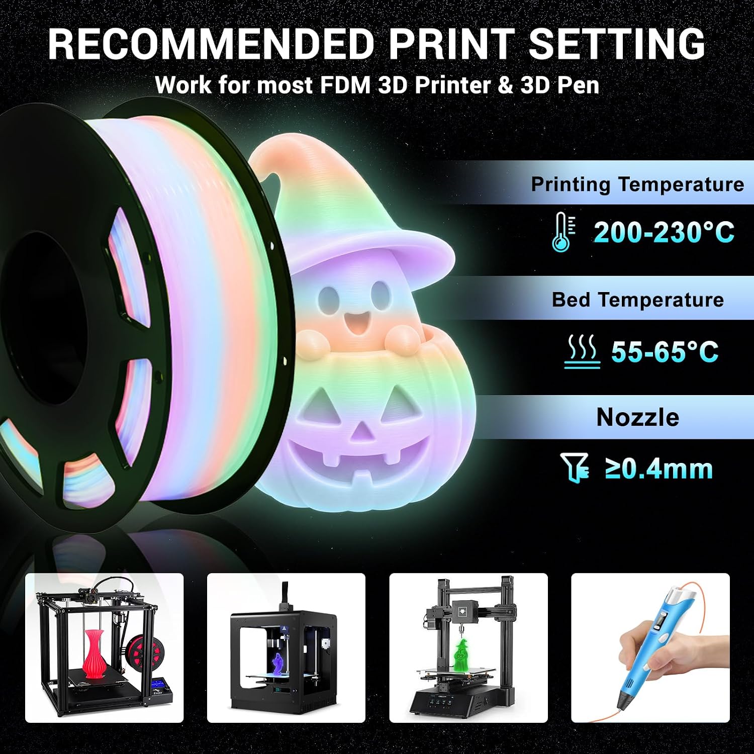 Detalle 1 de ACESAY Glow in the Dark PLA+ Filament, 6-Color 1.75mm Spool Set