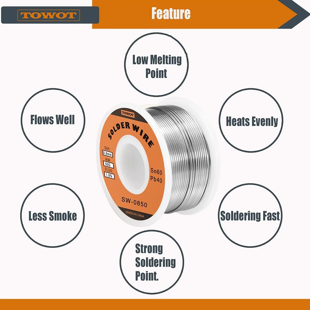 Detalle de TOWOT SW0850 Solder Wire, 0.8 mm Sn60-Pb40 Rosin Core, 50 g