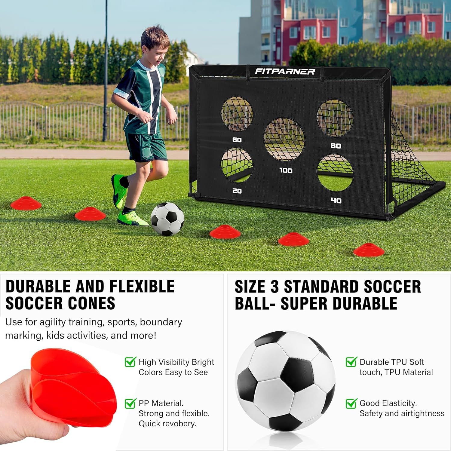 Detalle de FITPARNER 2-Pack Backyard Soccer Goals (4x3 ft / 6x4 ft) – Portable Toddler Training Set with Target, Ball, Cones