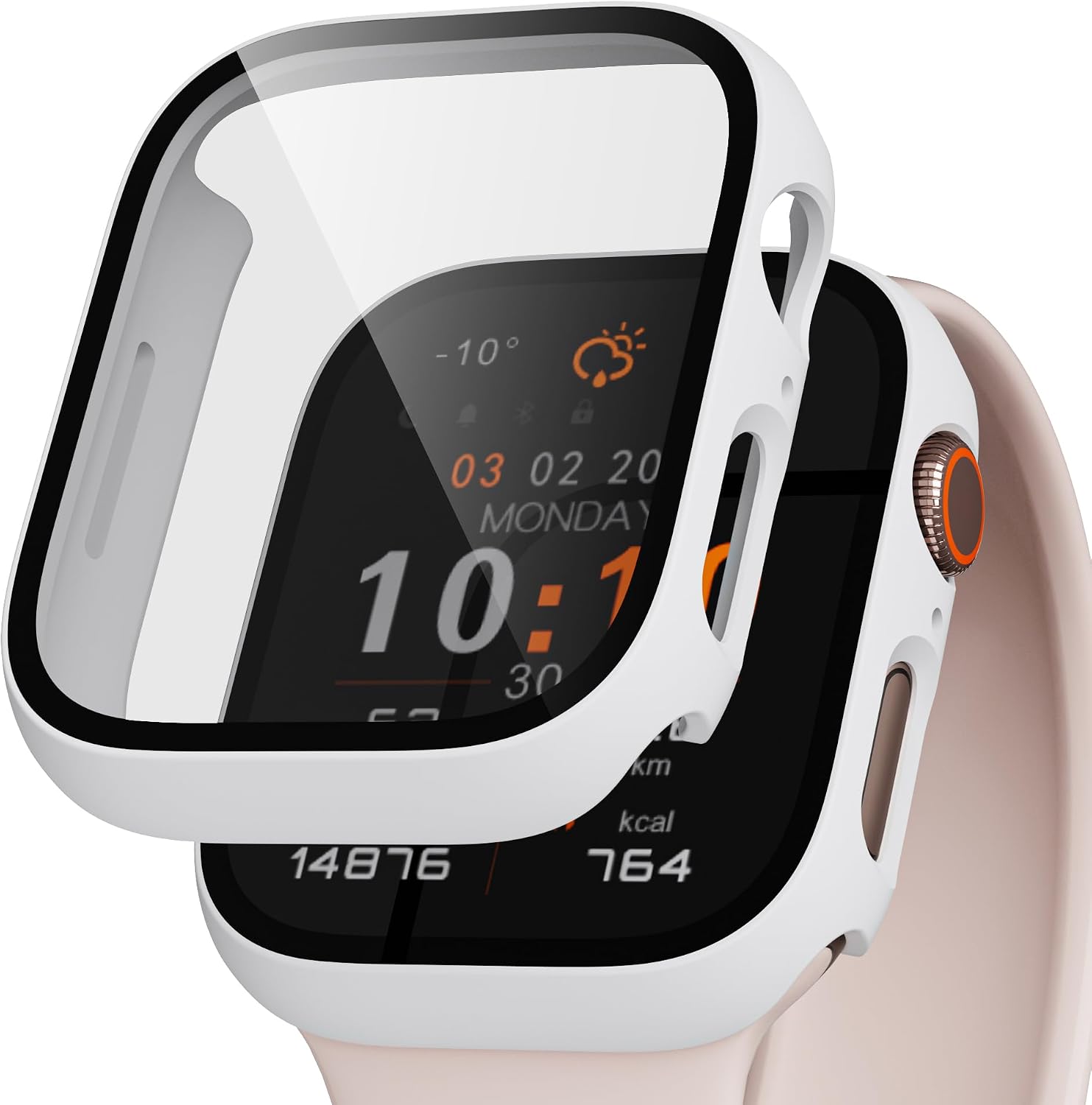 Detalle de LINTEKER 2 Pack Hard Case with 9H Tempered Glass Screen Protectors for Apple Watch 45mm (Series 9/8/7) – White