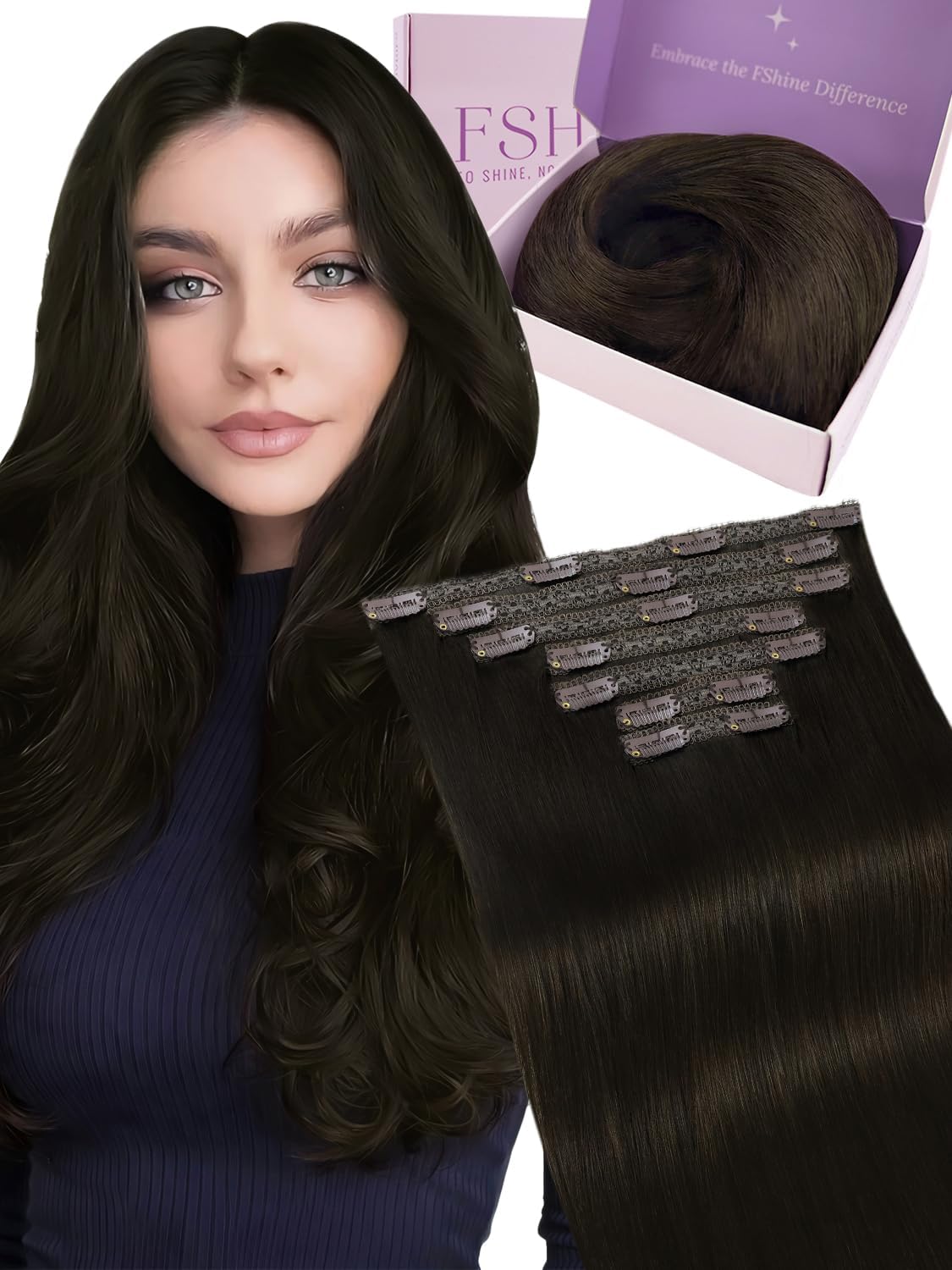 Detalle de Fshine Extension Capelli Veri Clip 35 cm – Remy Naturali, 7 pezzi, Marrone Scuro 2