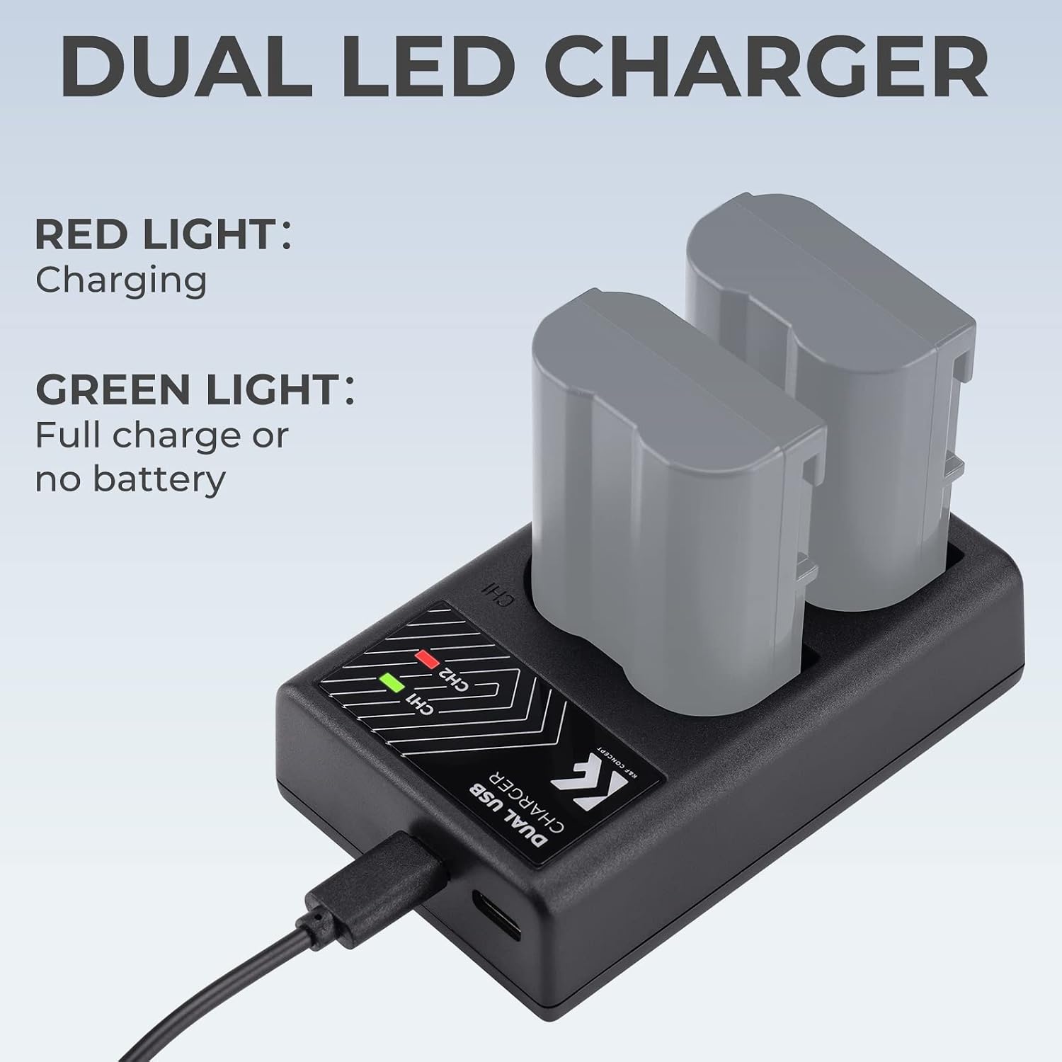 Detalle 2 de K&F CONCEPT EN-EL15 Dual Slot Fast Charger (EN-EL15/EN-EL15a/EN-EL15b) with USB-C and Micro USB cable