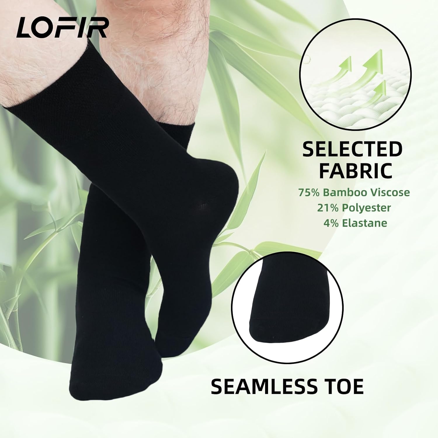 Detalle de LOFIR Diabetic Socks for Women and Men: Bamboo Soft Top Crew, Wide Loose Fitting, Non Elastic Seamless for Swollen Feet