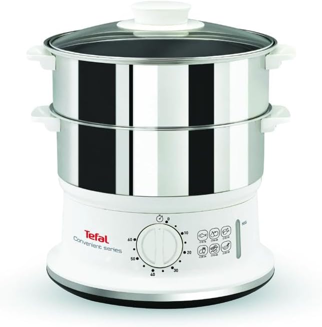 Detalle de Tefal VC1451 stoomkoker, 6 l, 2 roestvrijstalen schalen, 900 W