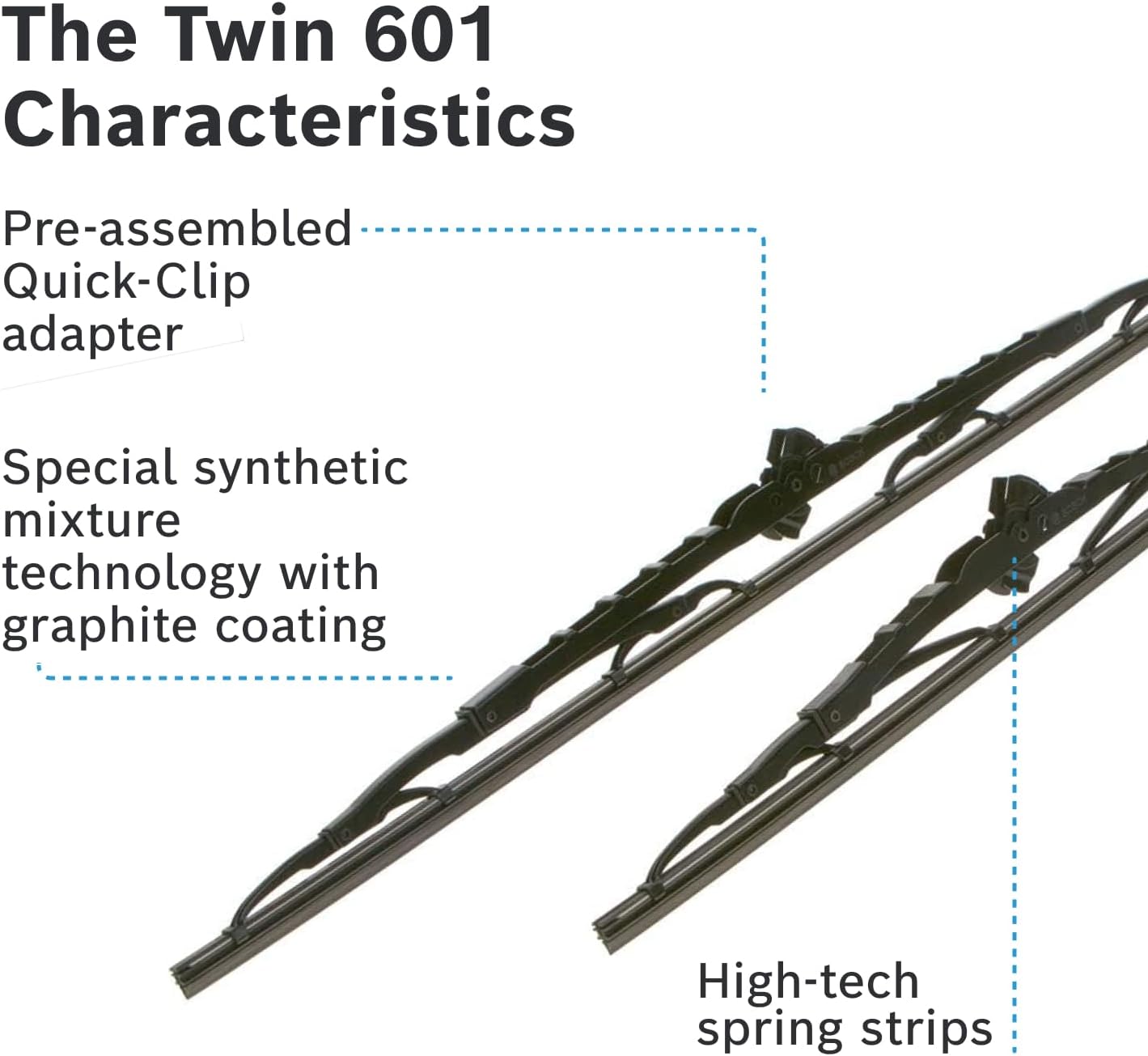 Detalle de Bosch Twin 601 Front Windscreen Wipers (Set of 2) – 575mm/400mm with Pre-assembled Quick-Clip Adapter