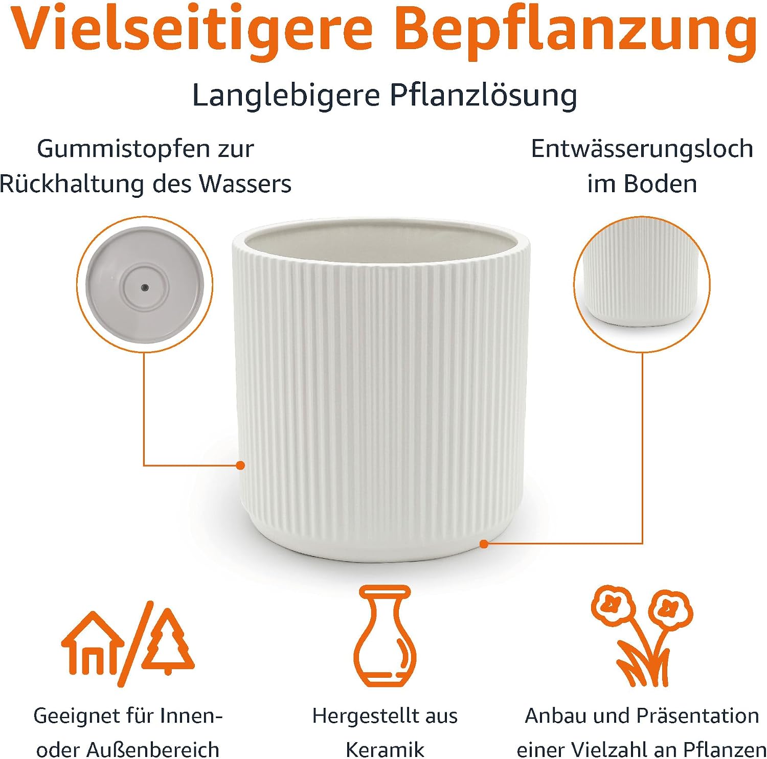 Detalle 2 de Amazon Basics Rundes keramik Pflanzgefäß, geriffelt, 20.3 cm, Weiß