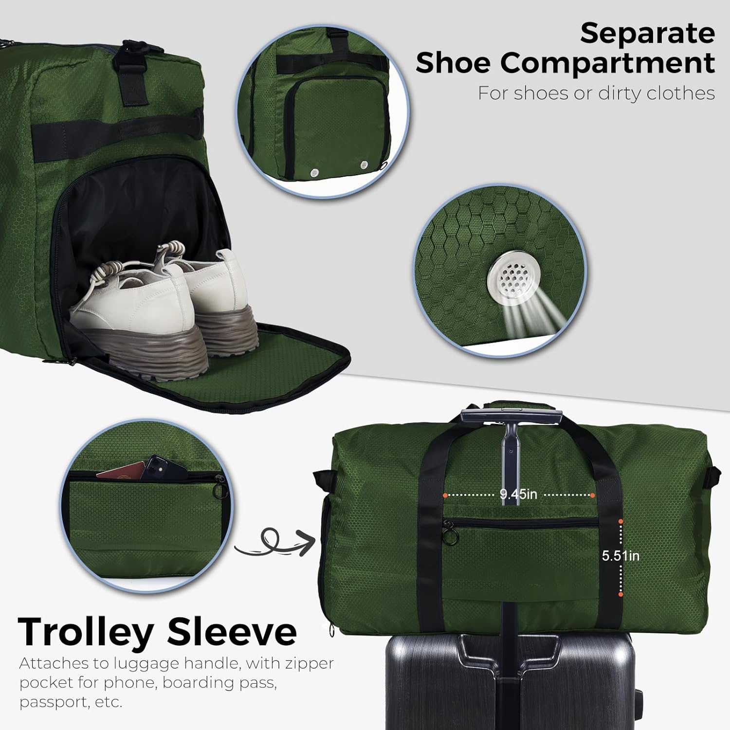 Detalle de Fmeida Sportasche XXL 65L – Reisetasche Grün, 62×29×35 cm, praktischer Weekender mit Schuhfach