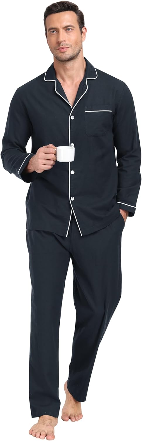 Thumbnail 5 de MoFiz Pyjama homme en coton 100% : ensemble hiver haut boutonné col V et pantalon