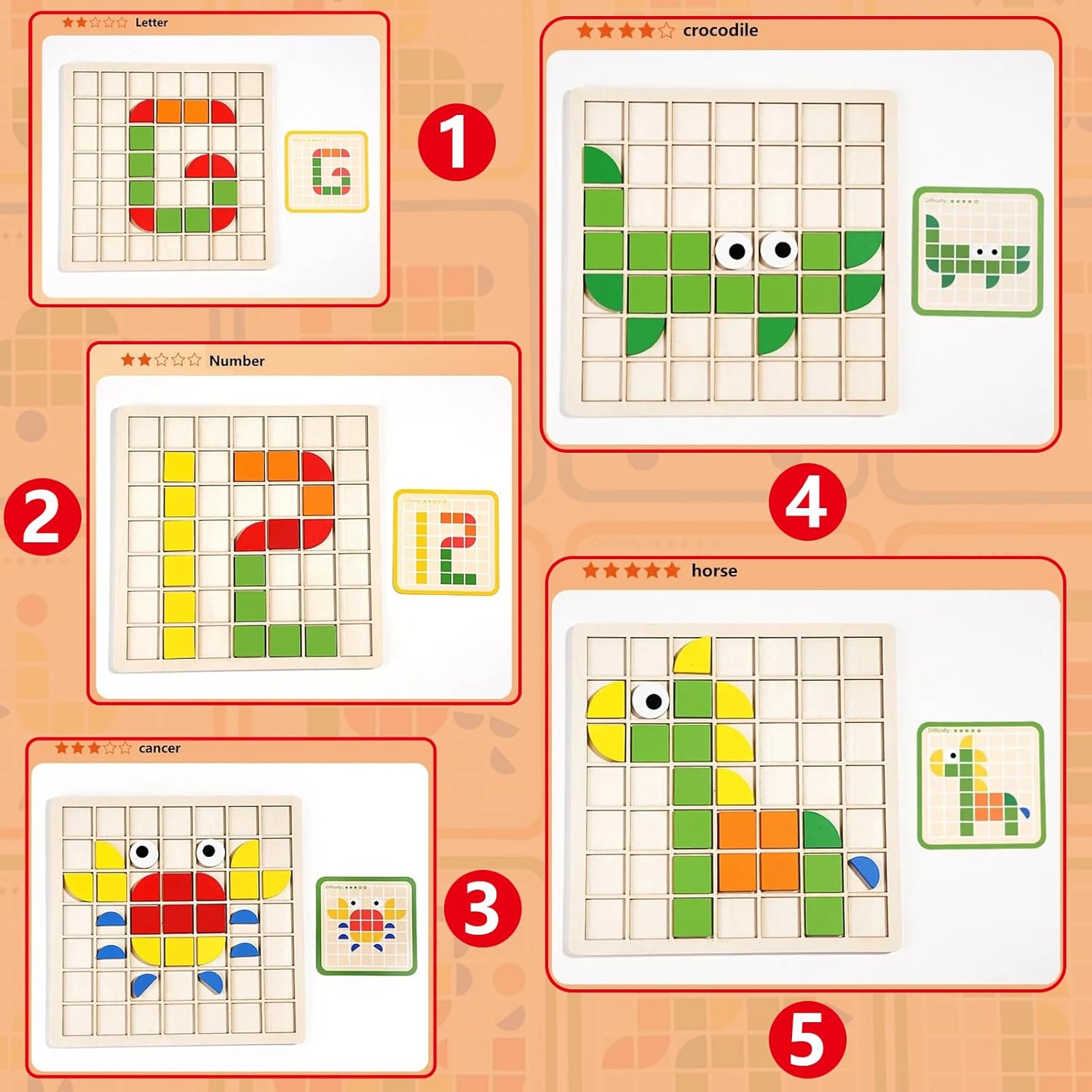 Detalle de Jastown 120pcs Creative Mosaic Puzzle — Wooden Pattern Blocks Set for Early Learning