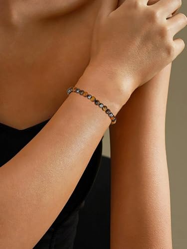 Detalle de Esrael Armband aus Schwarzer Turmalin, Tigerauge und Hämatit – Stretch‑Armband für Damen