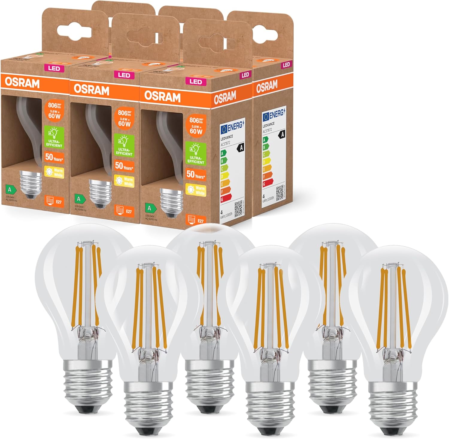 Thumbnail 6 de Osram Lampes LED très efficaces – Pack 5 ampoules E27, 4 W, blanc chaud, remplacement 100 W (verre filament)