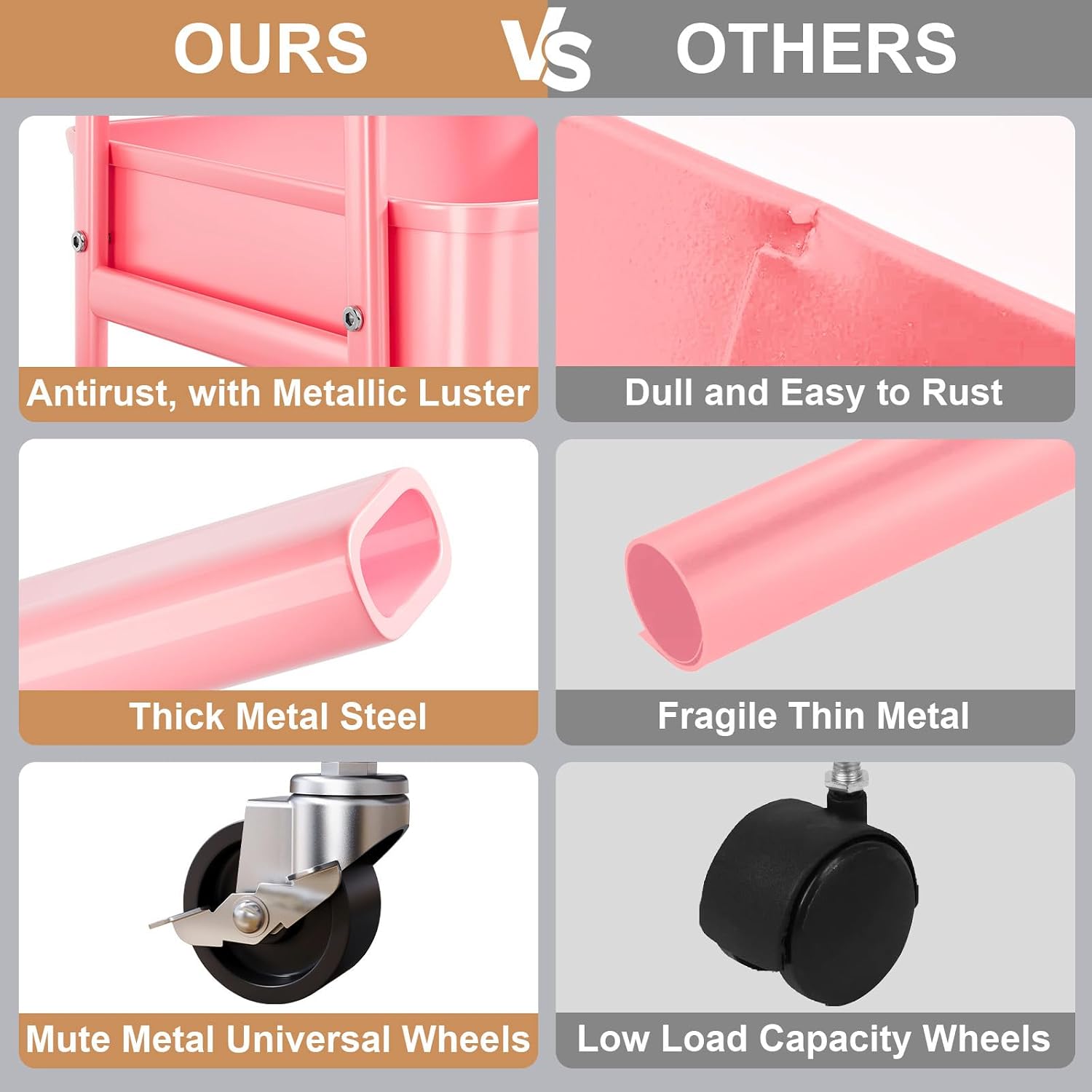 Thumbnail 6 de Recximi Utility Carts Pink 3-Tier Metal Rolling Cart with Locking Wheels