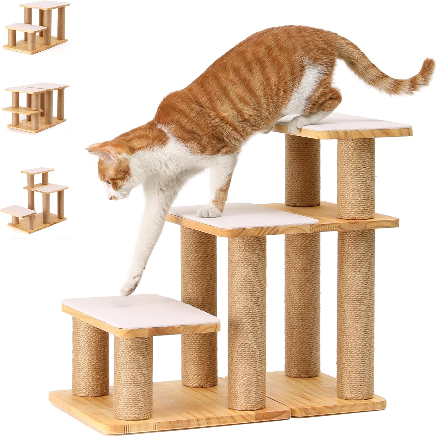 FUKUMARU Hundetreppe 3 Stufen – Kiefernholz, Jute, bis 90 kg, 18–51 cm höhenverstellbar
