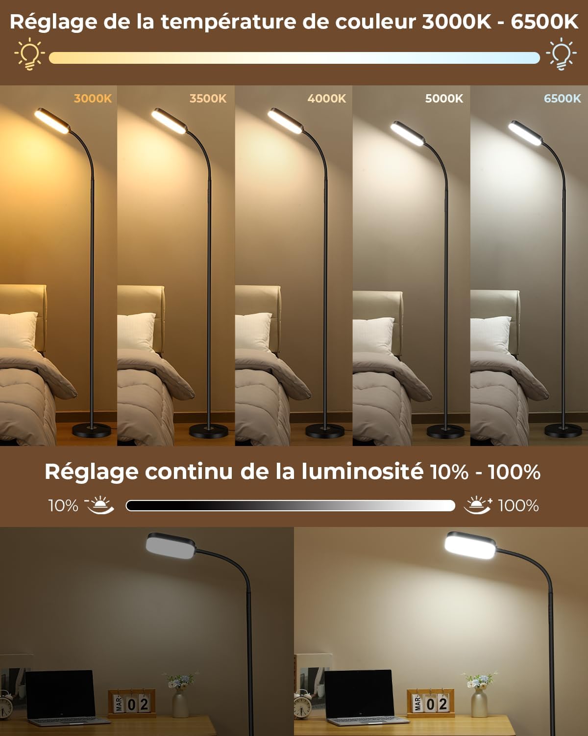 Thumbnail 2 de YICAIZI Lampadaire LED sur pied 18W dimmable