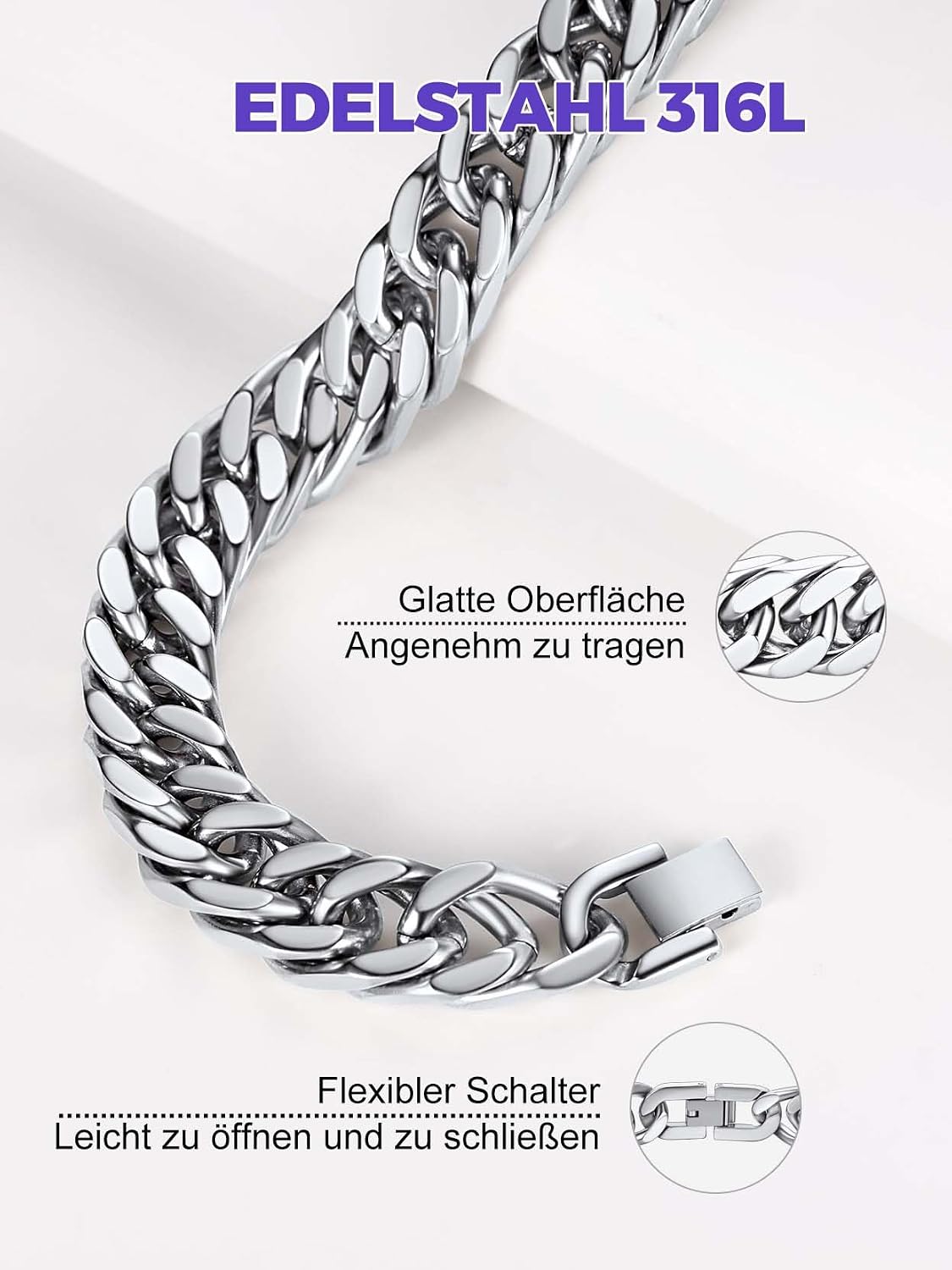Detalle de Richsteel Herren-Armband im Cuban-Gliederstil aus 316L-Edelstahl – Silber/Gold/Schwarz, 8/12/17 mm breit
