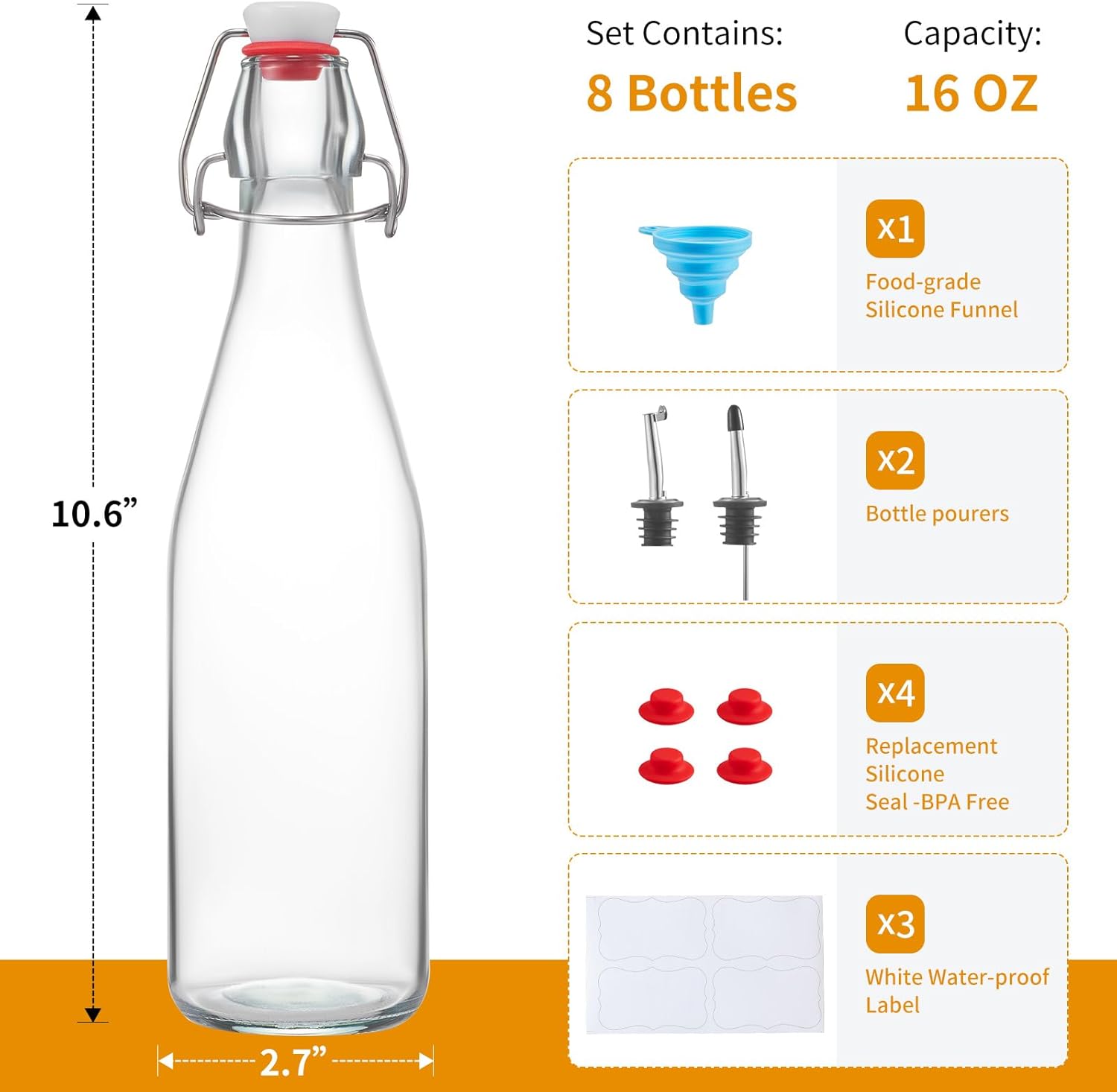 Thumbnail 1 de 8 Set 16 OZ Swing Top Glass Bottles with Airtight Caps – Perfect for Home Brewing, Kombucha, and More
