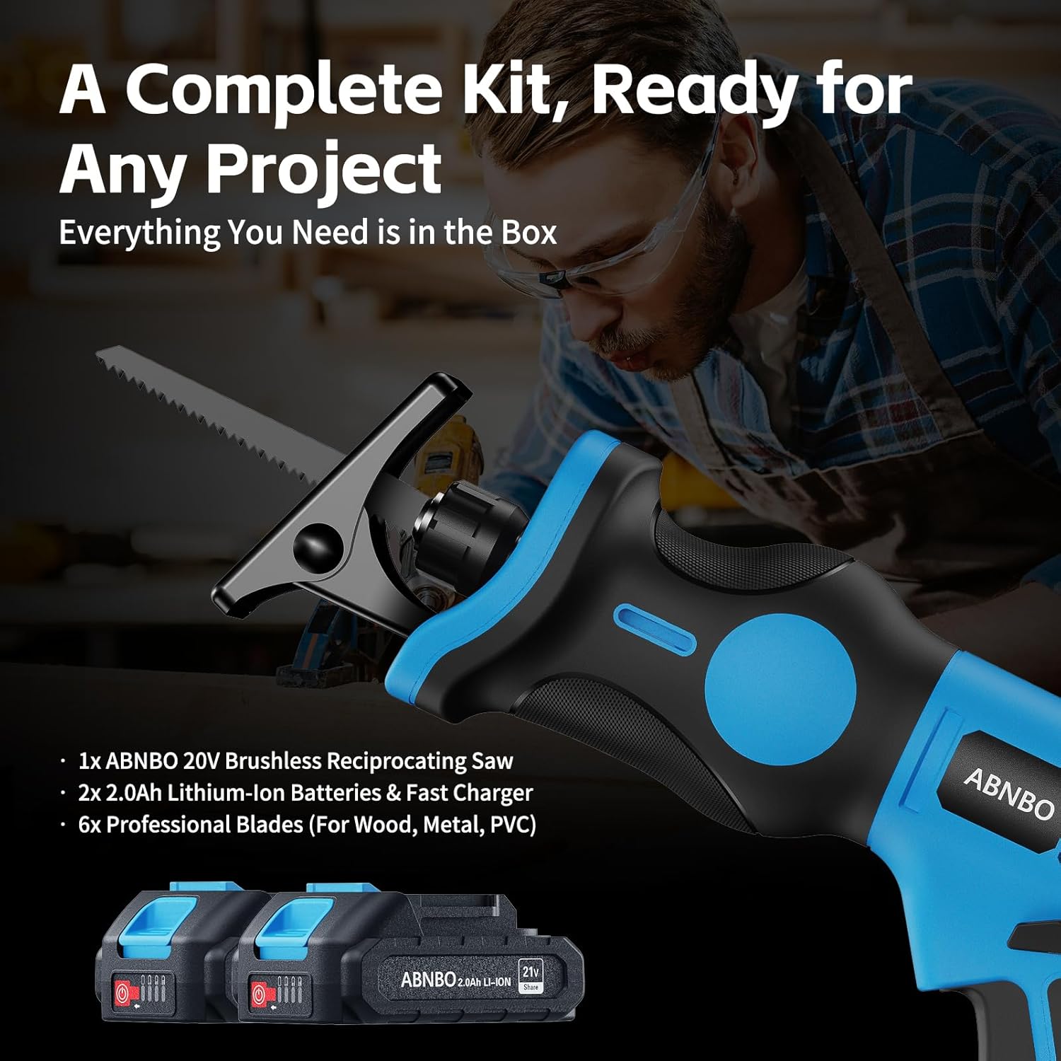 Detalle 2 de ABNBO 20V Brushless Cordless Reciprocating Saw Kit with Tool-Free Blade Change (2 x 2.0Ah batteries)