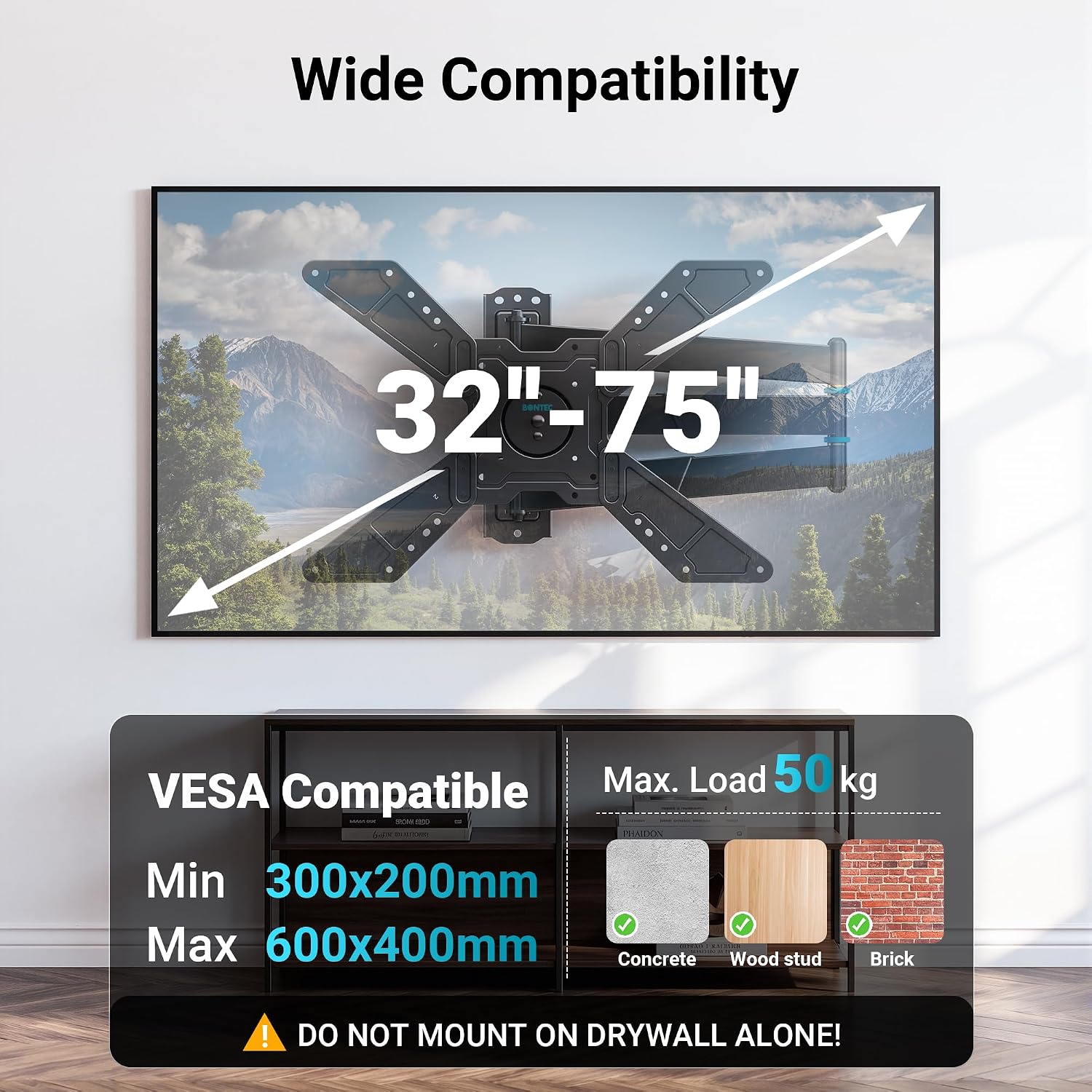 Detalle 2 de BONTEC TV Wall Bracket with 838mm Long Arm — Full Motion Corner Mount for 32–75 inch TVs