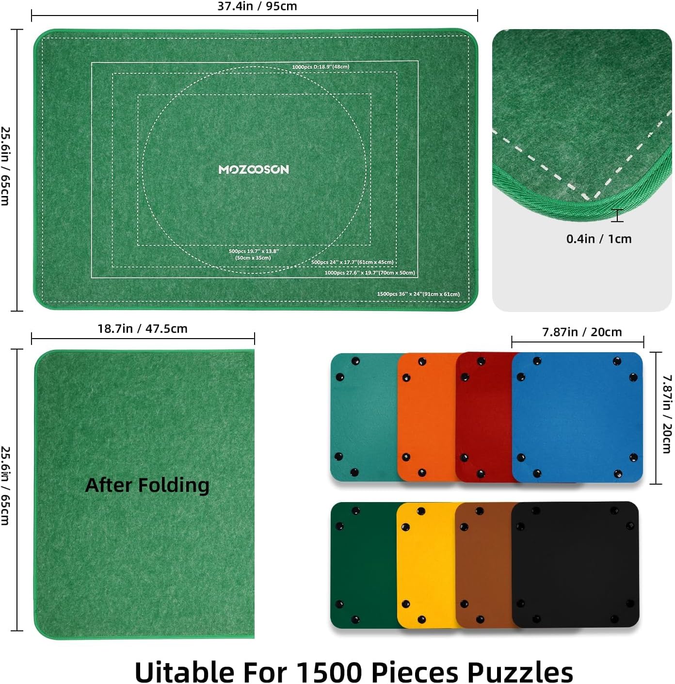 Detalle de MOZOOSON faltbares Puzzlebrett für bis zu 1500 Teile – Tragbare Puzzlematte mit Staubschutz & 8 Sortierern