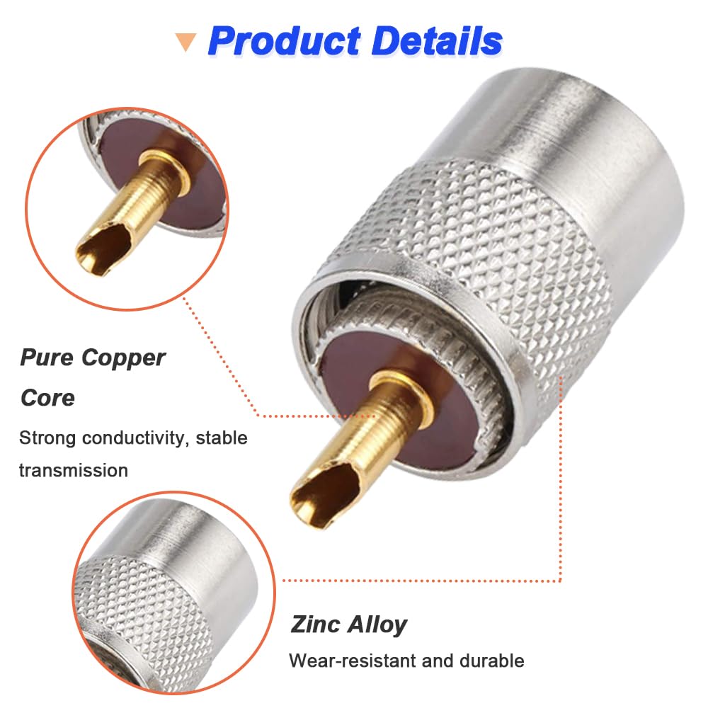 Thumbnail 4 de Xiatiaosann PL-259 UHF Connectors Pack (6) for Coaxial Cables – 50Ω, Gold Contacts, Teflon Insulator