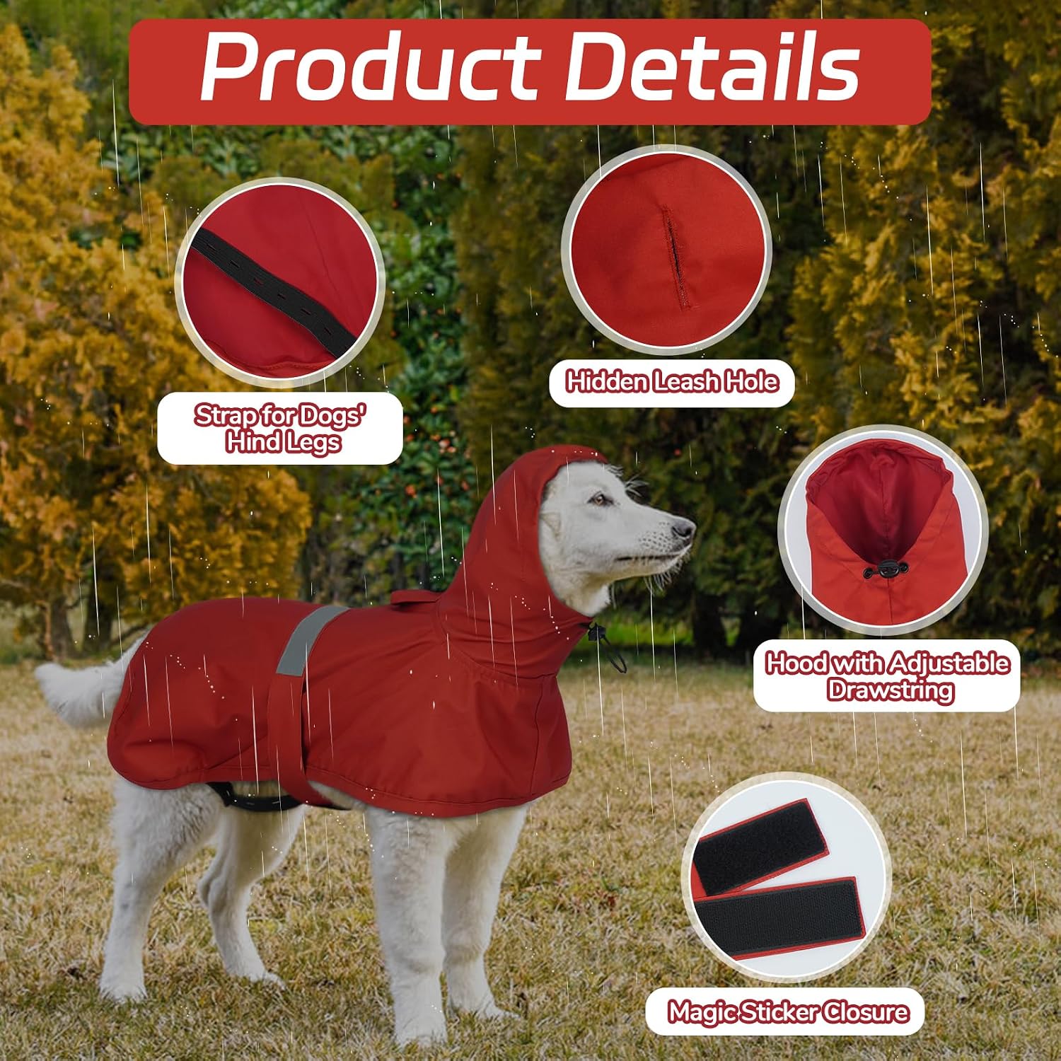 Detalle de Lelepet Dog Raincoat Waterproof Poncho with Reflective Strip and Adjustable Rear Legs Straps (Red, XL)