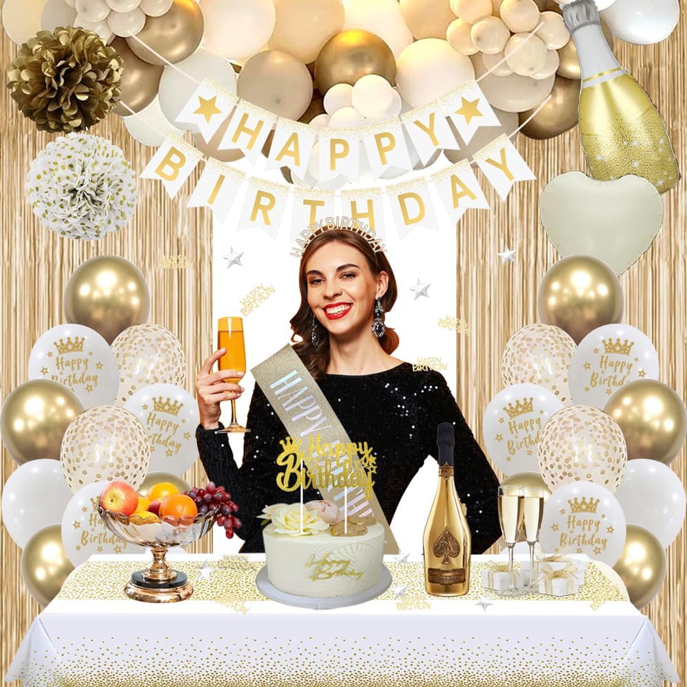 Detalle 2 de Geburtstagsdeko Gold, Beige Gold Weiß Party Deko Set mit „Happy Birthday“-Banner & Ballons