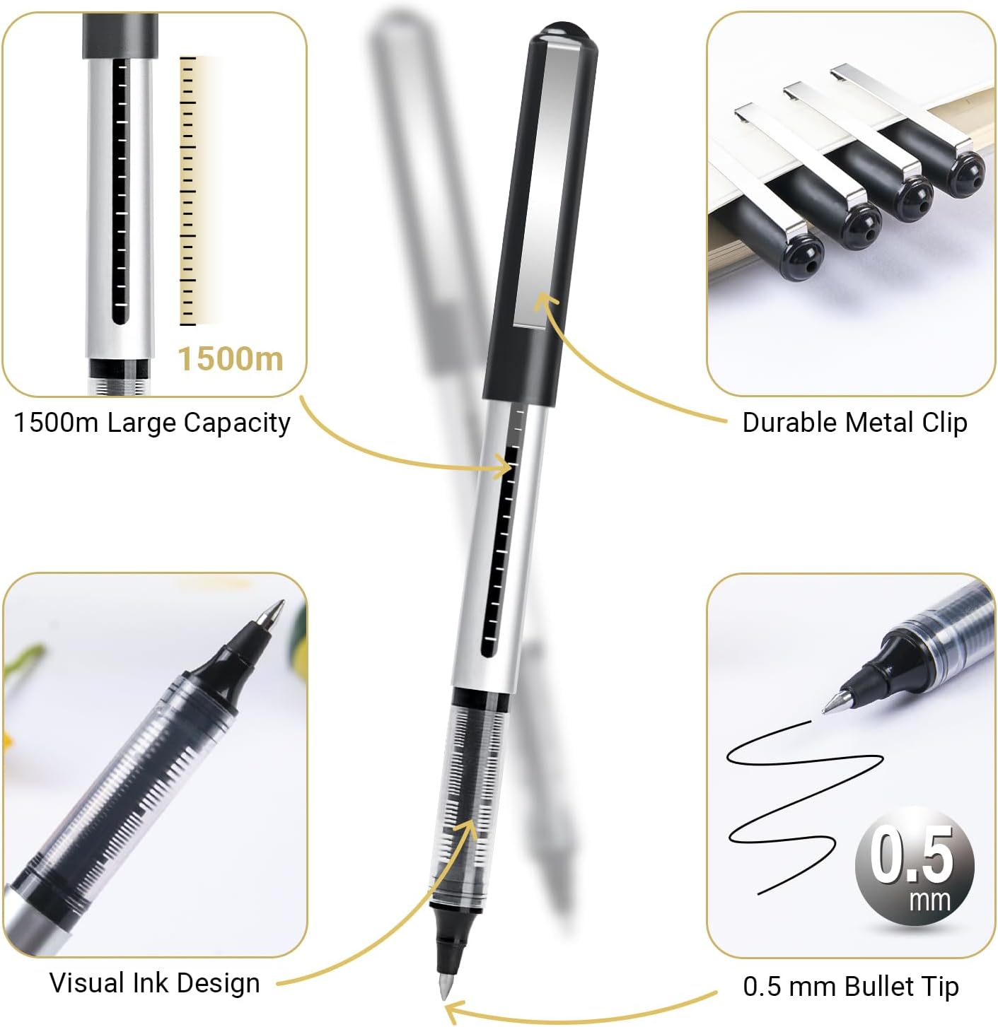 Detalle de KERIFI Rollerball Pens Black Gel Pens – 16 Pack, 0.5mm Liquid Ink