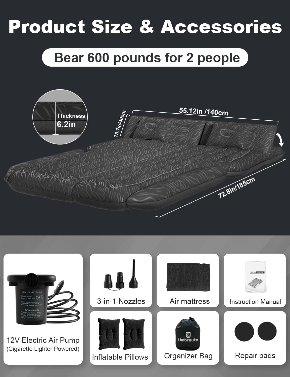Detalle 2 de Umbrauto AIR-194-BKB-01 SUV Air Mattress with Flocked Top and 210T Bottom