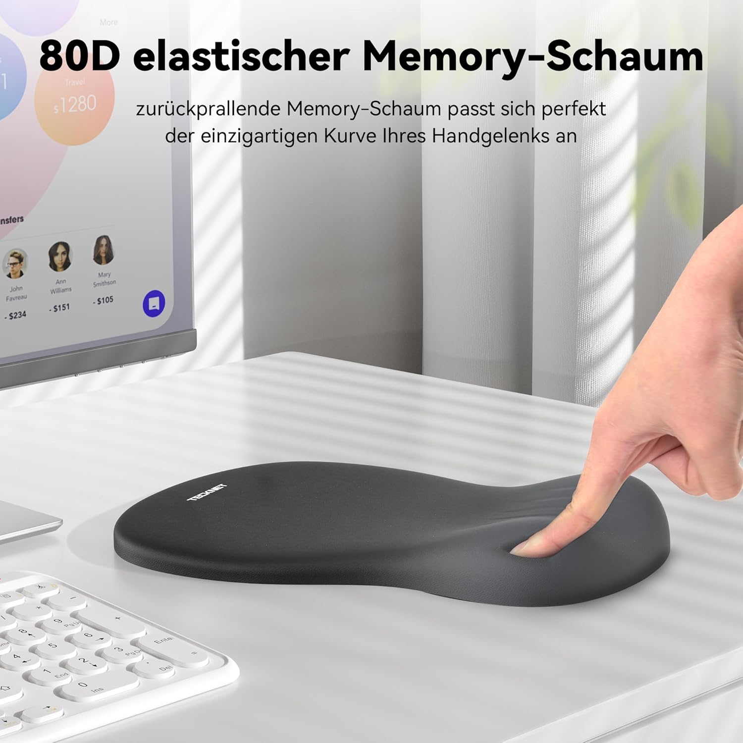 Thumbnail 3 de TECKNET ergonomisches Mauspad mit Handauflage und Memory-Schaum – rutschfeste PU-Basis (Gaming & Büro)